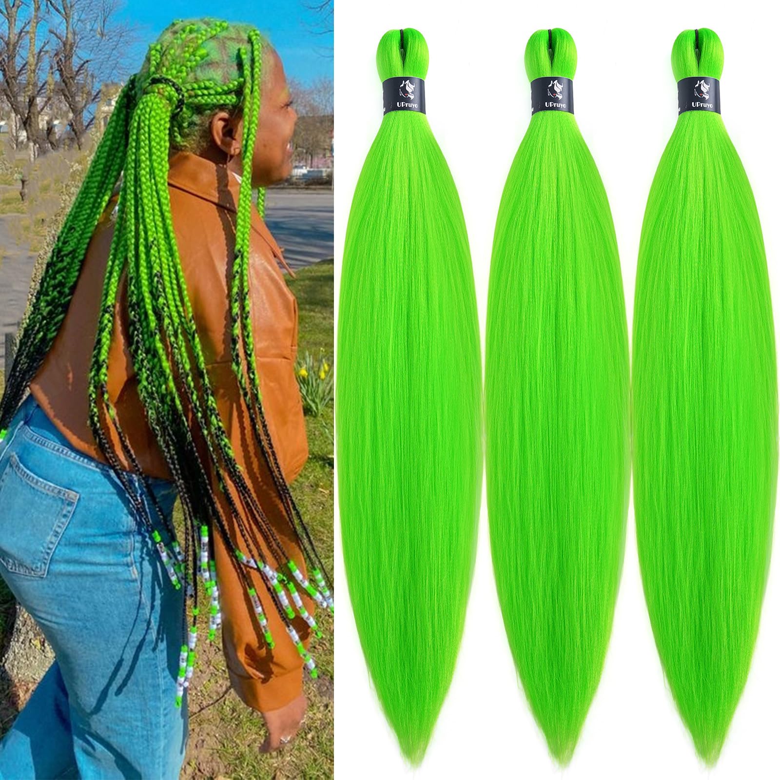 UPruyo Green Braiding Hair Pre Stretched Synthetic Knotless Prestretched Braiding Hair Long Green Bundles Braid In Hair Extensions 26 Inch