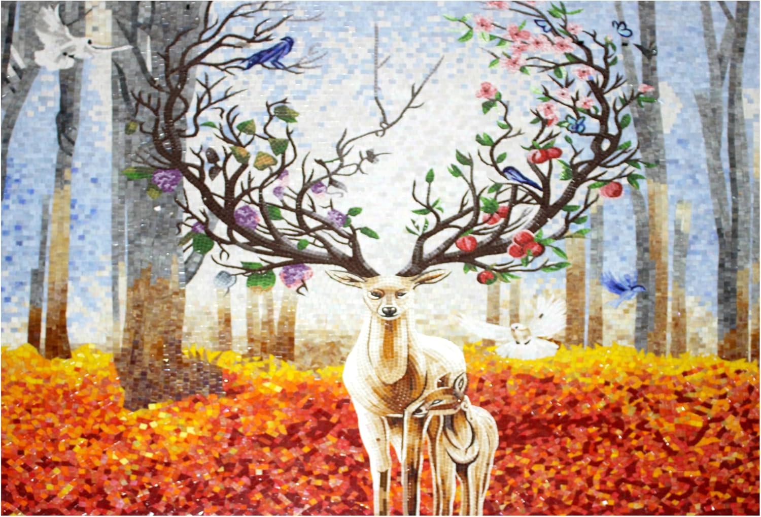 White Stag Glass Mosaic Wall Art, Handmade Deer Tile Mosaic Mural, Hand-Cut Wildlife Glass Tile Artwork for Interior Wall Décor