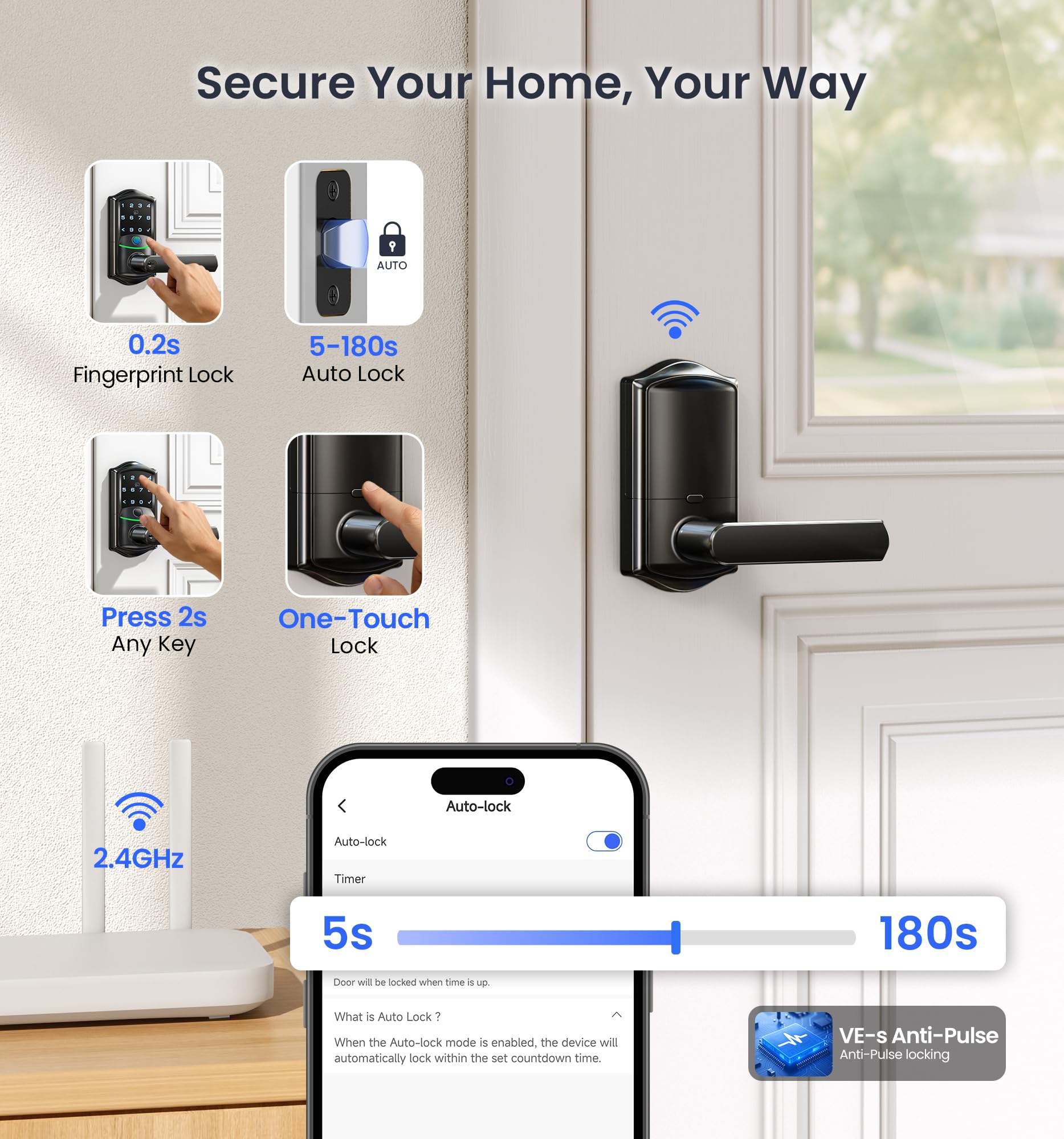 Veise VE029 WiFi Smart Lever Lock, Fingerprint Keyless Entry Door Lock with Handle, Built-in WiFi, Remote App Control, Electronic Digital Knob for Front Door and Bedroom, IP65 Waterproof, Matte Black