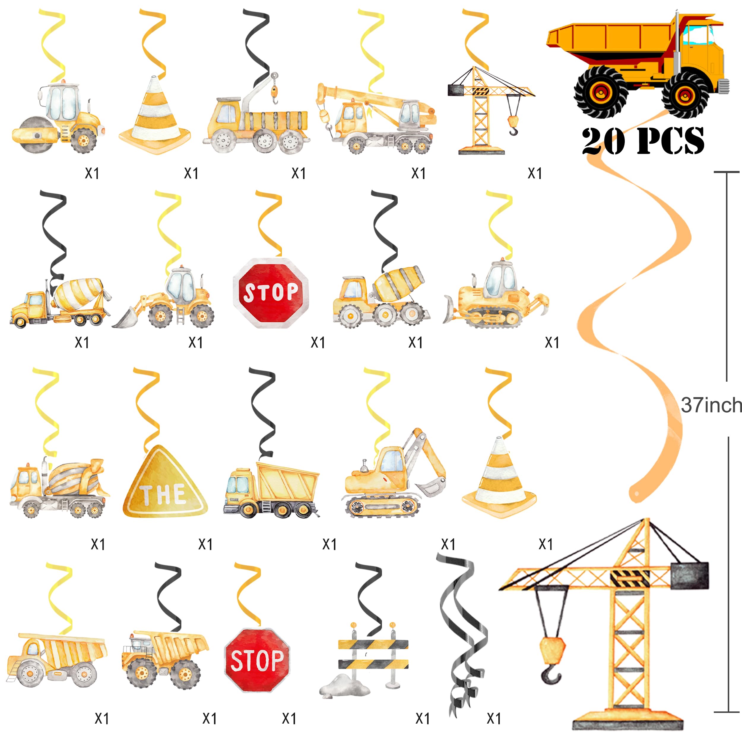 20pcs Construction Party Hanging Swirls Dump Truck Birthday Party Decorations Construction Theme Hanging Foil Whirls Ceiling Streamers for Traffic Zone Birthday Party Baby Shower Supplies