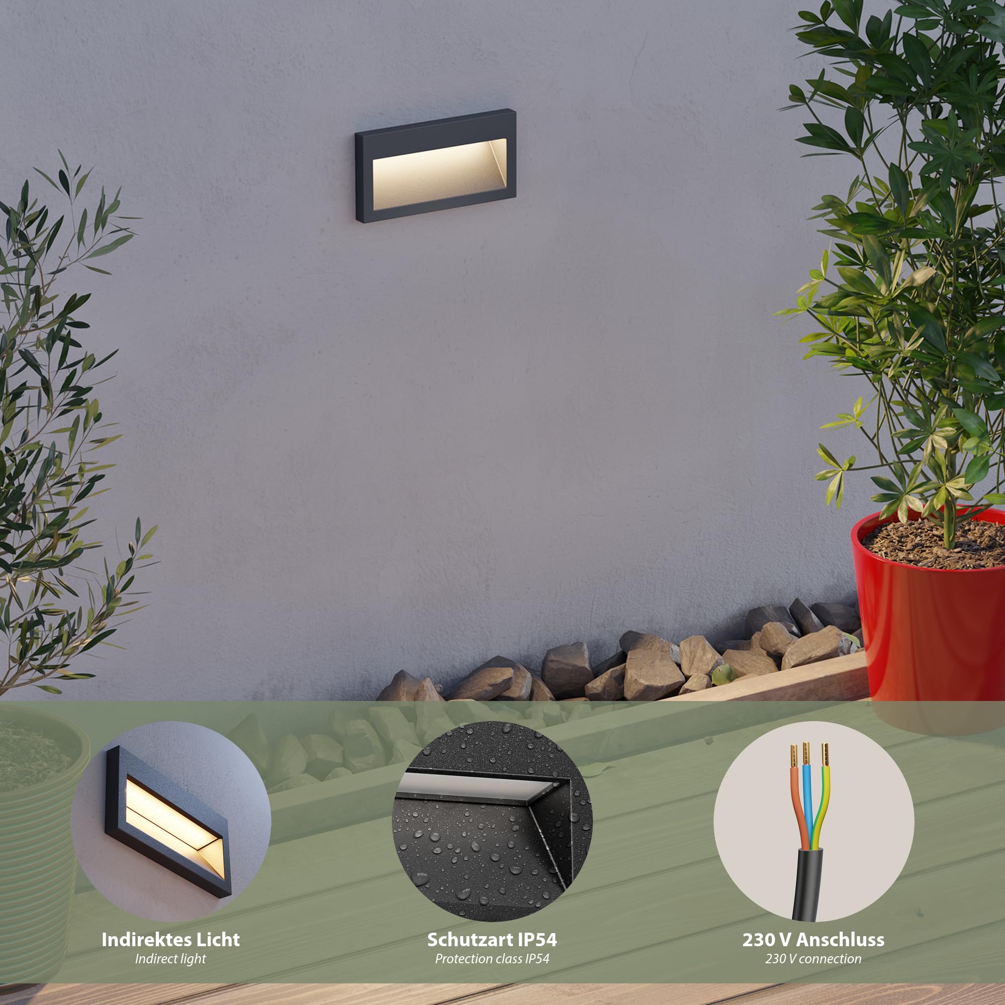 ledscom.de 4x LED Wandeinbauleuchte NOLA, Downlight für außen, IP54, schwarz matt, 140 x 70mm, warmweiß