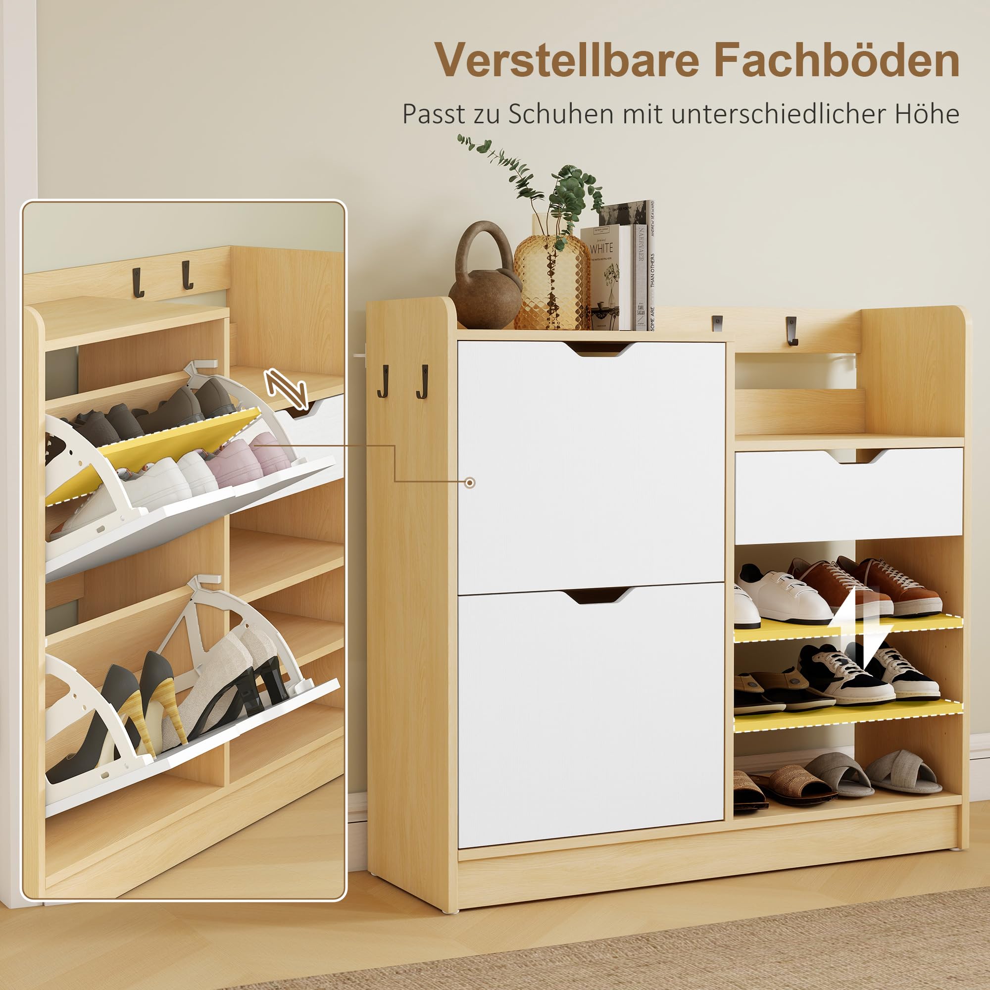 HOMCOM Schuhschrank mit 2 Klappen, Multifunktional Schuhkipper, Schuhregal mit offenen Fächern, verstellbar Trennwand, Haken Schuhkommode für 14 Paar Schuhe 93 x 30 x 90 cm, Natur