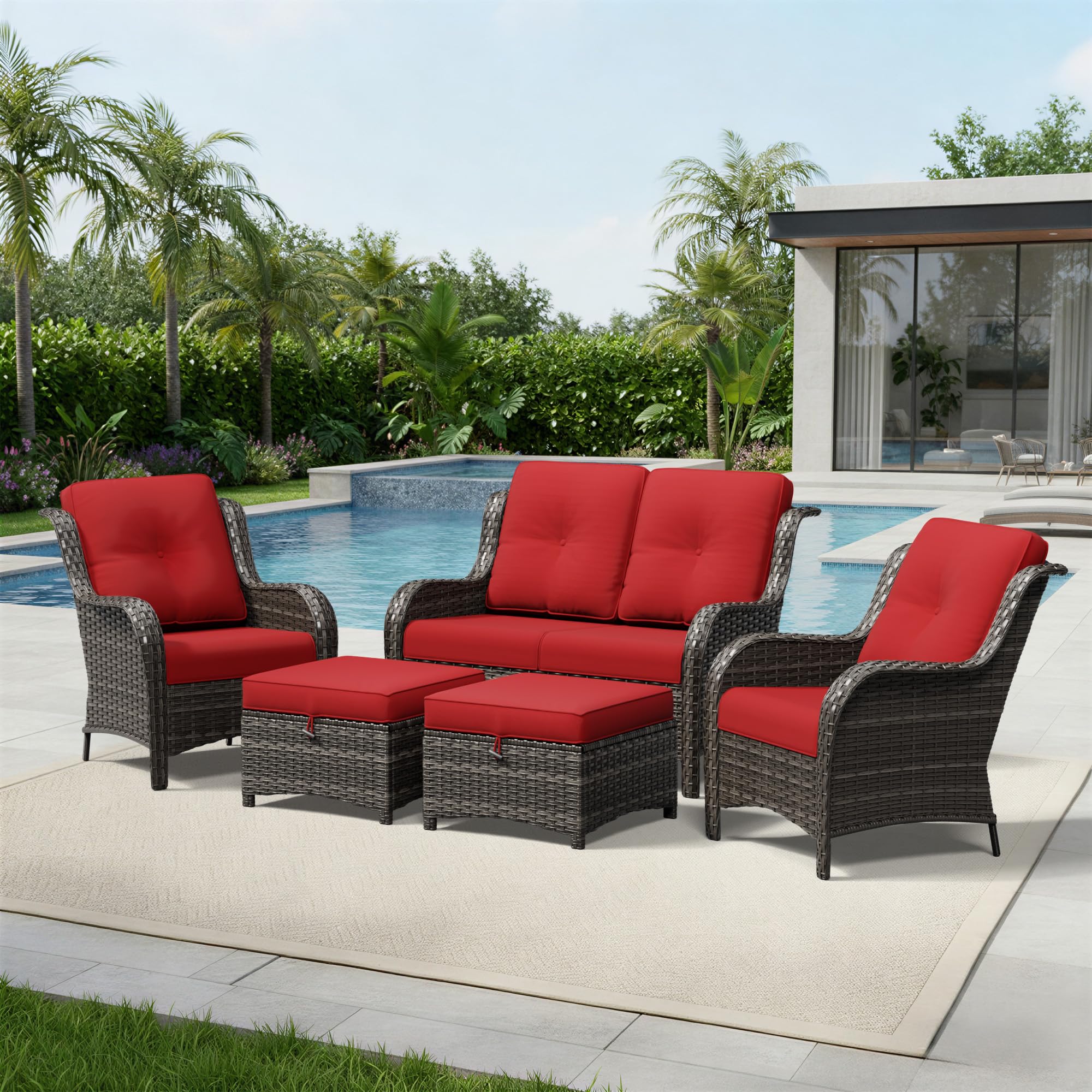 Joyside 5 Piece Wicker Patio Furniture Set, Rattan Patio Chairs with High Back, Deep Seating, Wide Armrest, Thickened Cushions, Outdoor Furniture for Deck, Porch Use