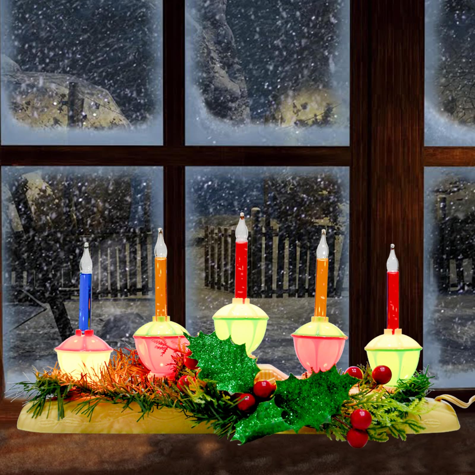 Electric Window Candle Lamp - 5 Light Christmas Candles with Multicolor Bubble Lights and Ivory Base, Plug-in Electric Candles for Indoor Holiday Party Home Decor