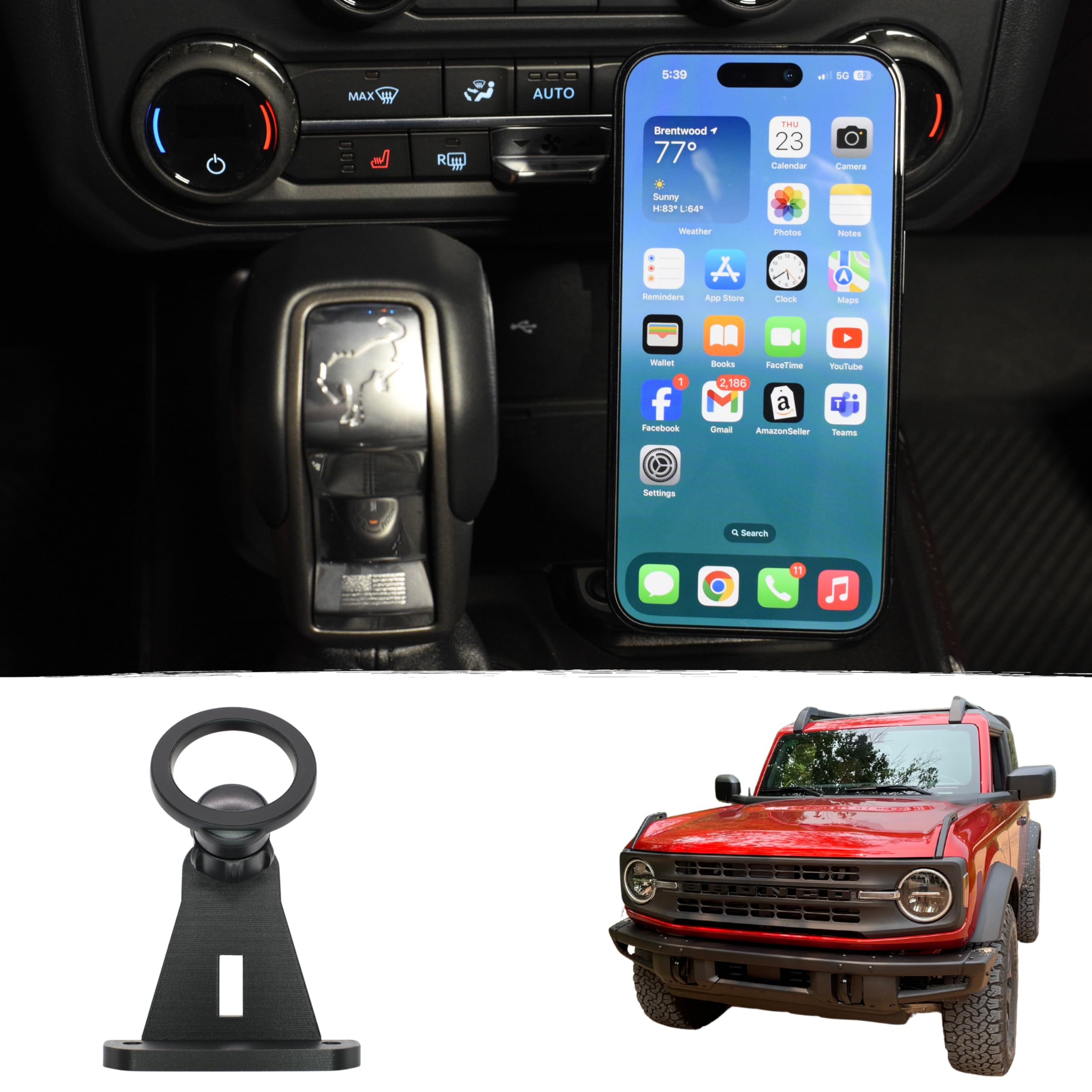 615 South Phone Holder Mount Compatible with Ford Bronco 2021 2022 2023 2024 Magnetic Adjustable 360° Swivel Cell Phone Holder - for Automatic Transmission Ford Bronco
