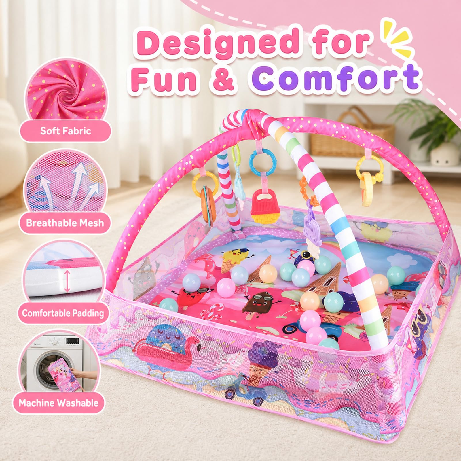 Bebamour Baby Spielmatten Bodenturngeräte von Geburt an, 18 Bälle, 5PCS Hängespielzeug, weiche Baby Play Activity Gym Spielmatten Bodenturngeräte für 0-24Monate(Pink)