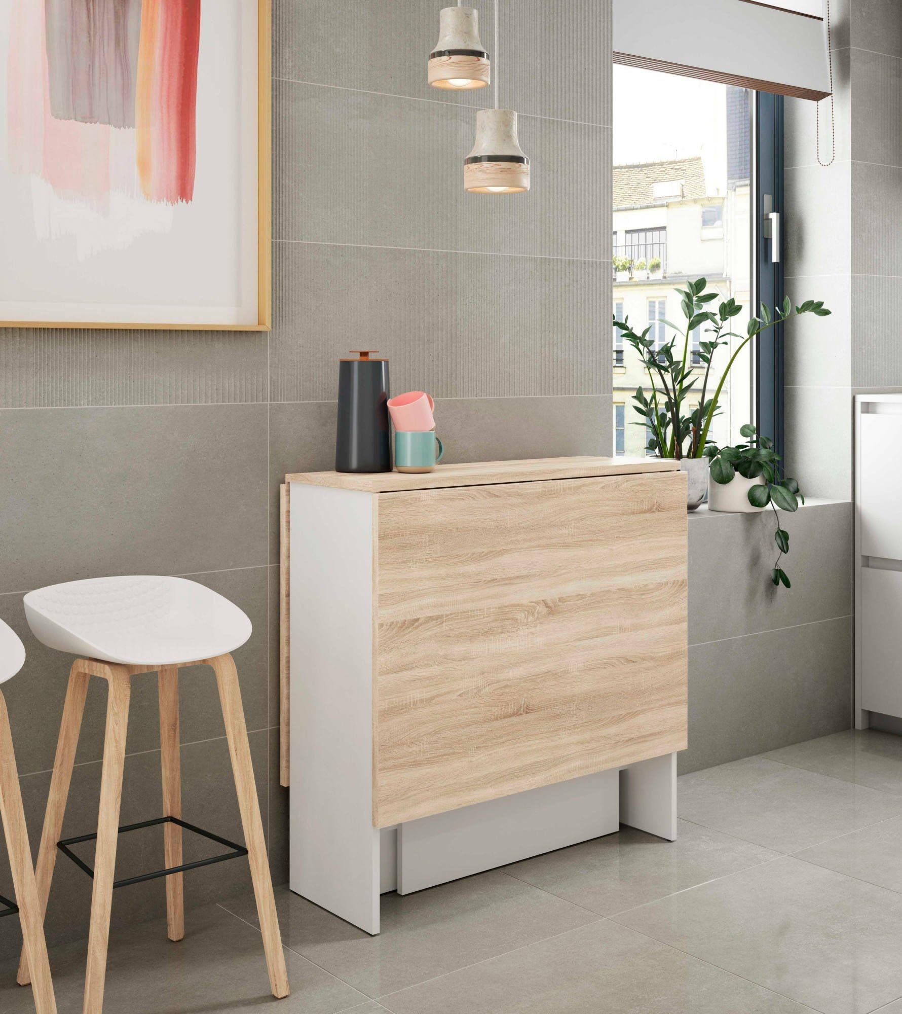 Dmora - Tavolo allungabile Toledo, Tavolo da pranzo pieghevole con piano abbattibile, Tavolo ausiliario richiudibile, 31x77h78 cm, Bianco e Rovere