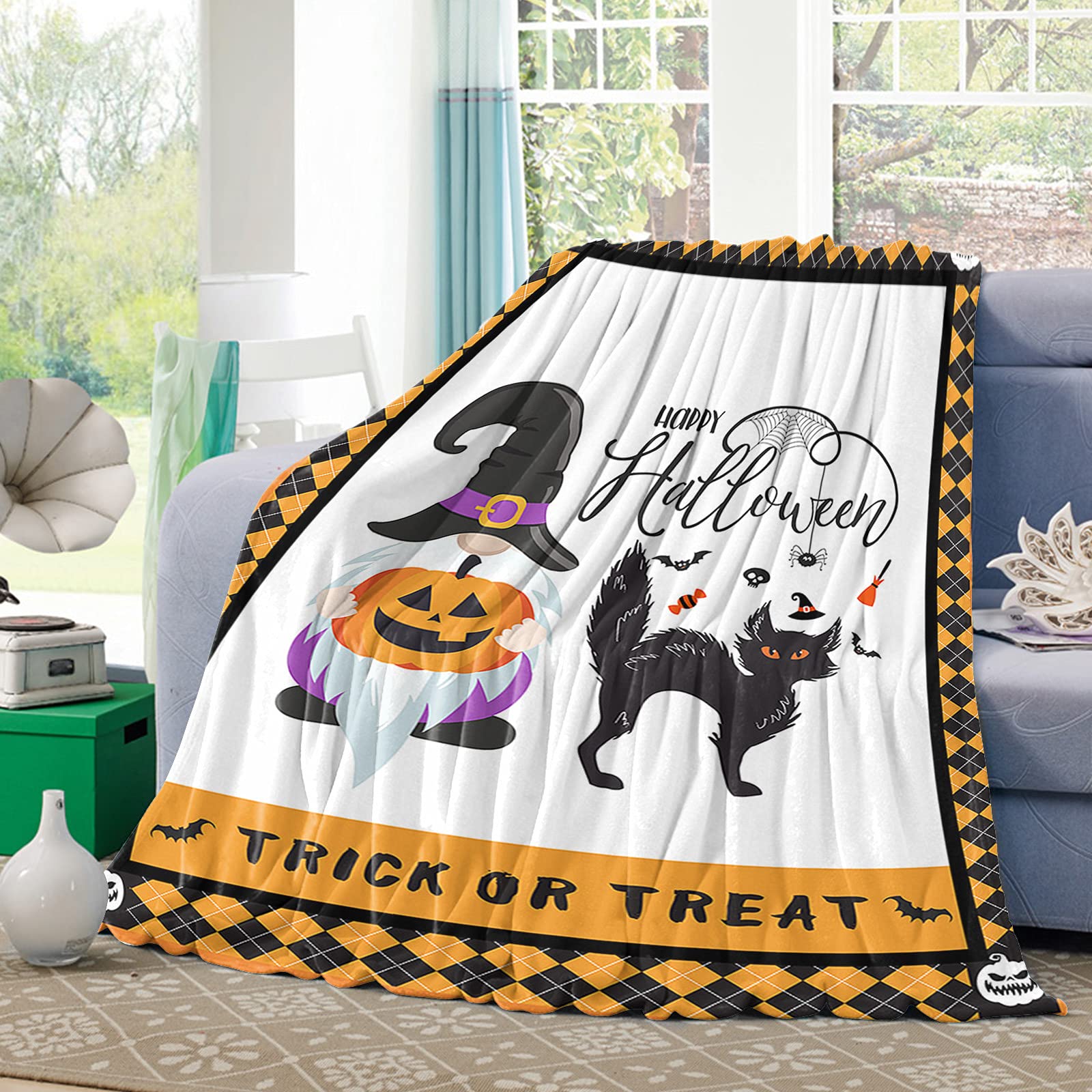 Amazon.com: Flannel Fleece Throw Blanket,Halloween Witch Black Cat  Lightweight Soft Warm Throws,Pumpkin Ghost Face Orange Black Plaid Cozy  Plush Blankets for Bed Couch Car Office Decor All Seasons Use 40x50in : Home