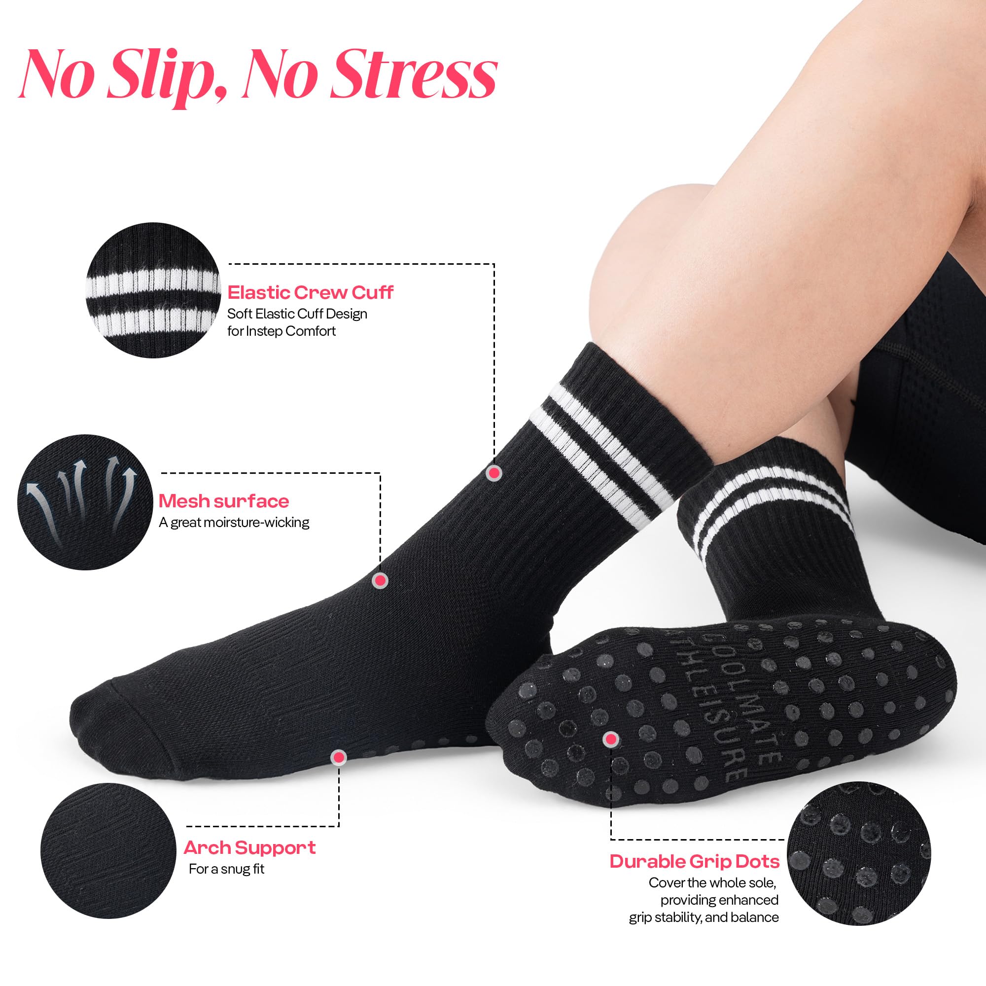 CoolMate Calcetines de pilates con agarres para mujer, calcetines de yoga, calcetines antideslizantes para mujer, para entrenamiento, barra, regalos de pilates