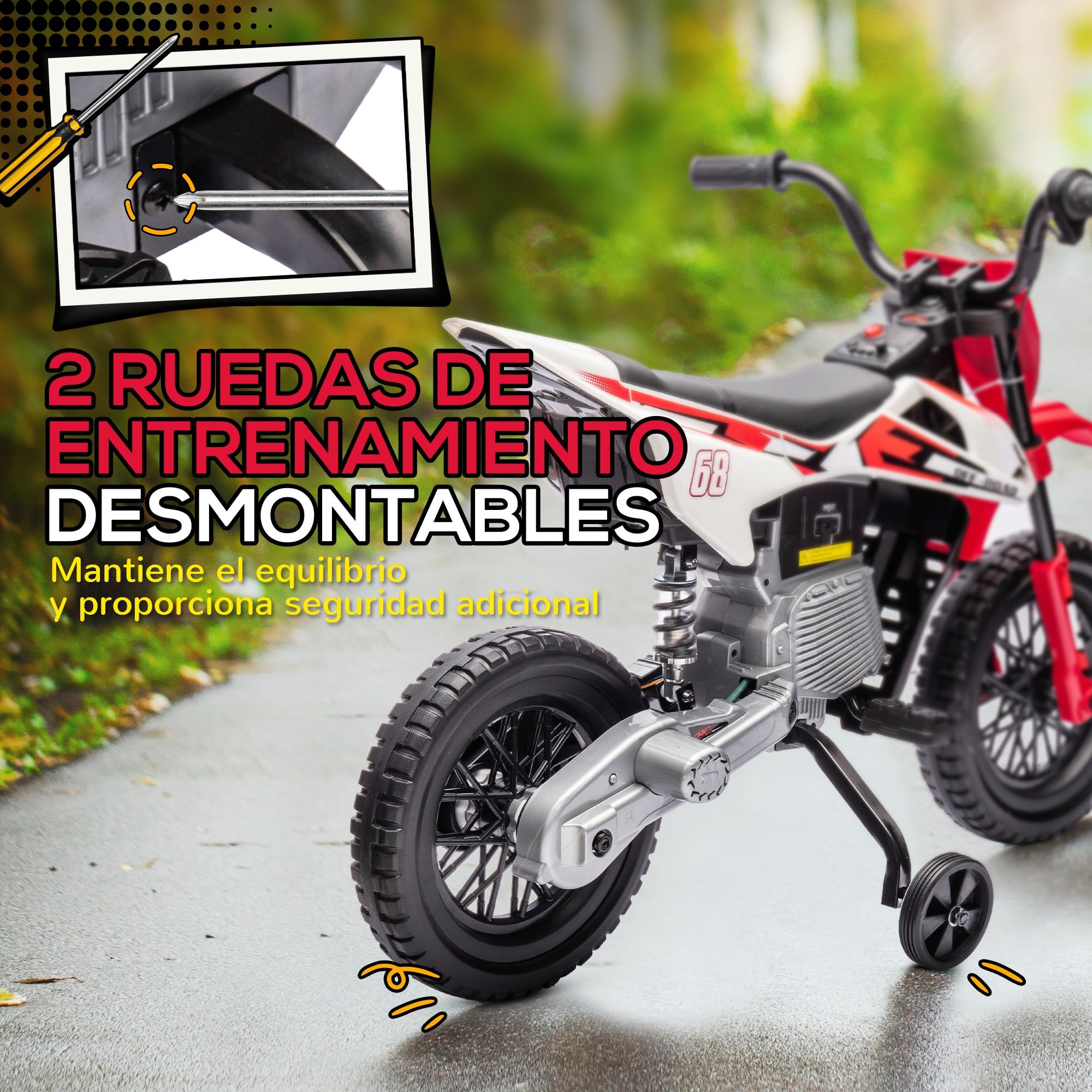 AIYAPLAY Moto Eléctrica Infantil 12V 2,4-5 km/h con Ruedas Auxiliares Desmontables, Carga 30 kg, Rojo