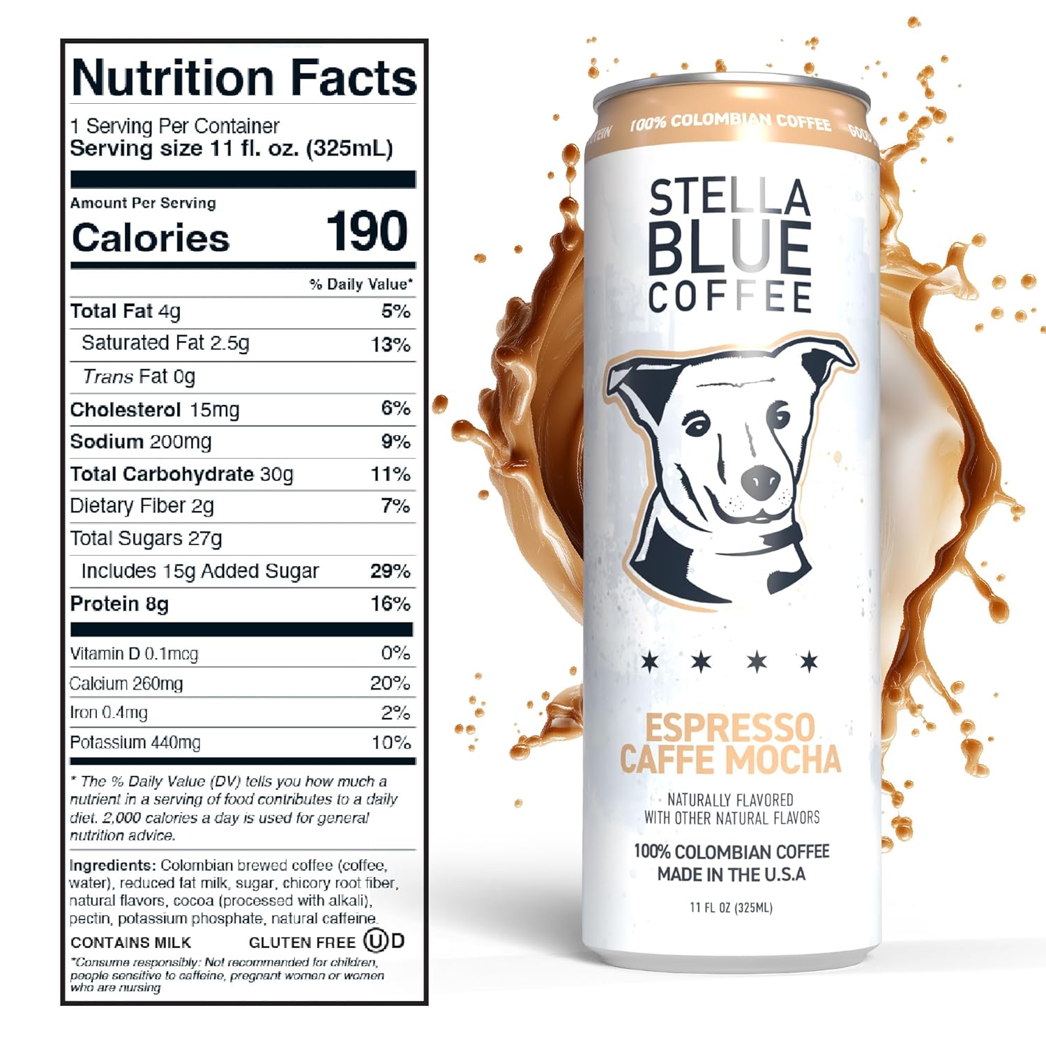 Stella Blue Espresso Caffe Mocha Cans, Ready-to-Drink Coffee Energy Beverage, 100% Colombian Coffee, 190mg Natural Caffeine, Gluten Free & Good Source of Protein, 11oz Can, 12 Pack