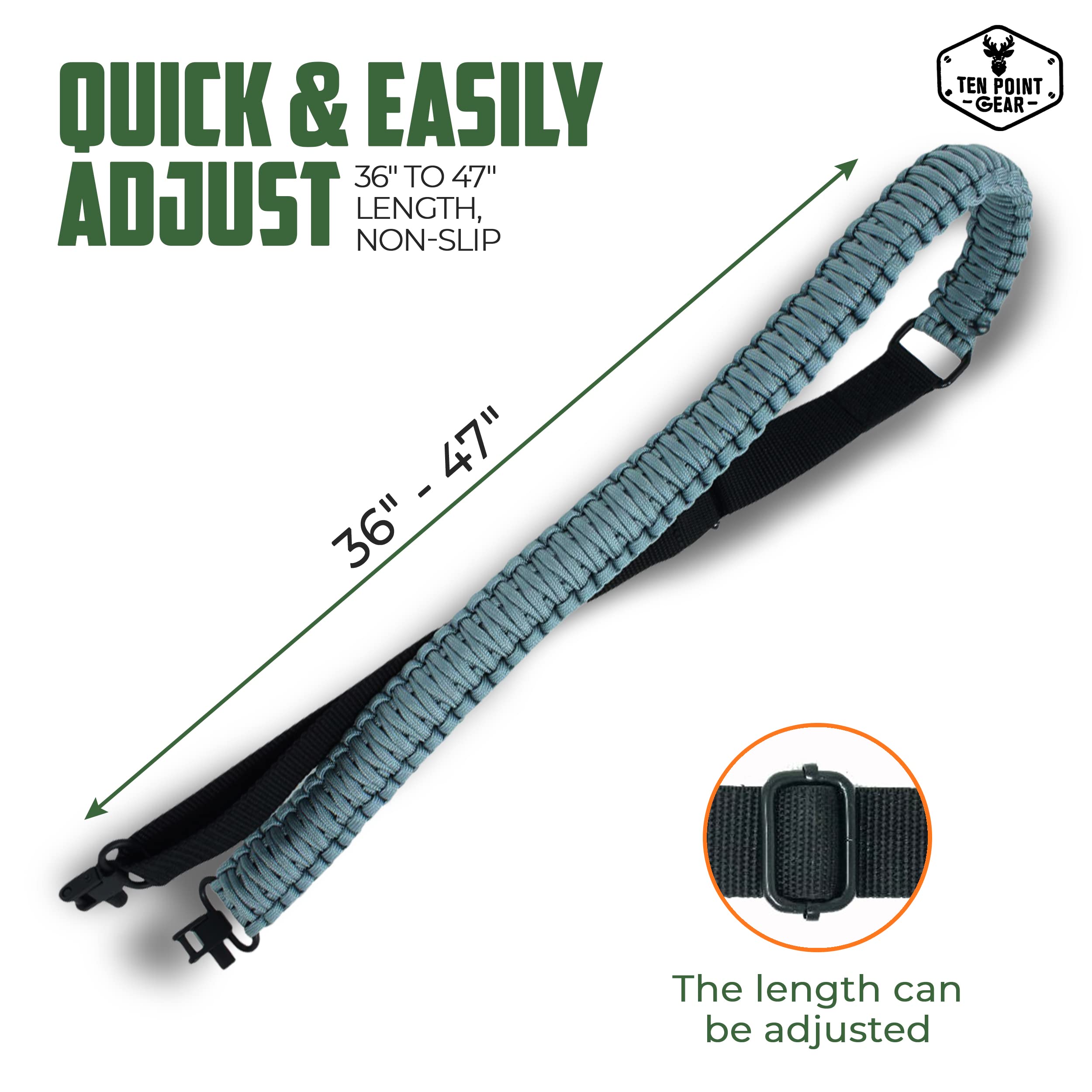 Ten Point Gear - 2 Point Gun Sling 550 Rated Outdoor Paracord with Adjustable Swivels and Clips for Rifle, Shotgun, and Crossbow Perfect for Hunting, Shooting, Gun Safety - Blued Silver