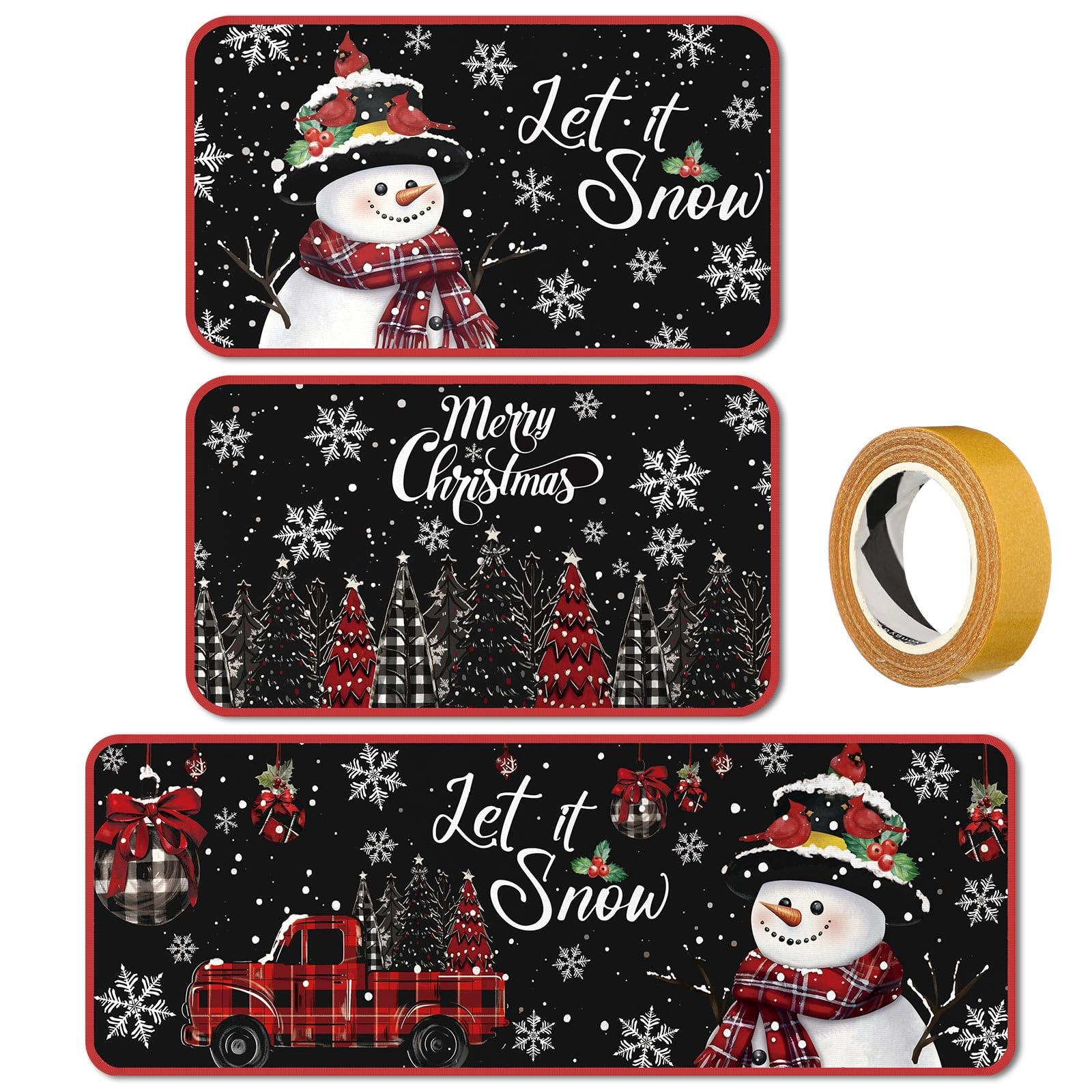 SATINIOR 3 Pcs Winter Kitchen Rugs and Mats Set Black Snowman Floor Mat Non Slip Anti-Fatigue Let It Snow Doormats Farmhouse Winter Christmas Rug for