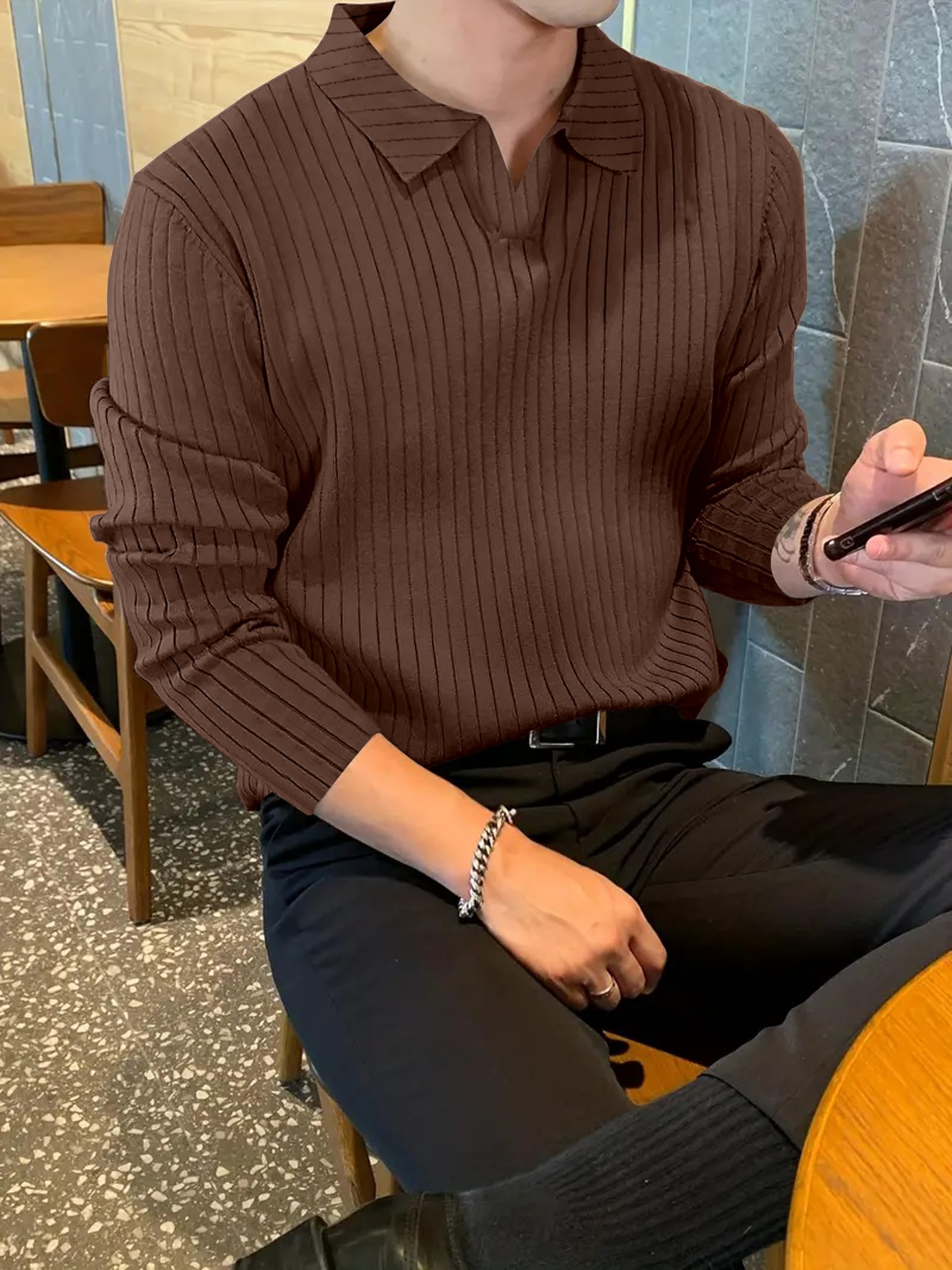 KAJARU Men's Ribbed Knit Polo T-Shirt, Long Sleeve (in, Alpha, M, Coffee) - Image 5 thumbnail