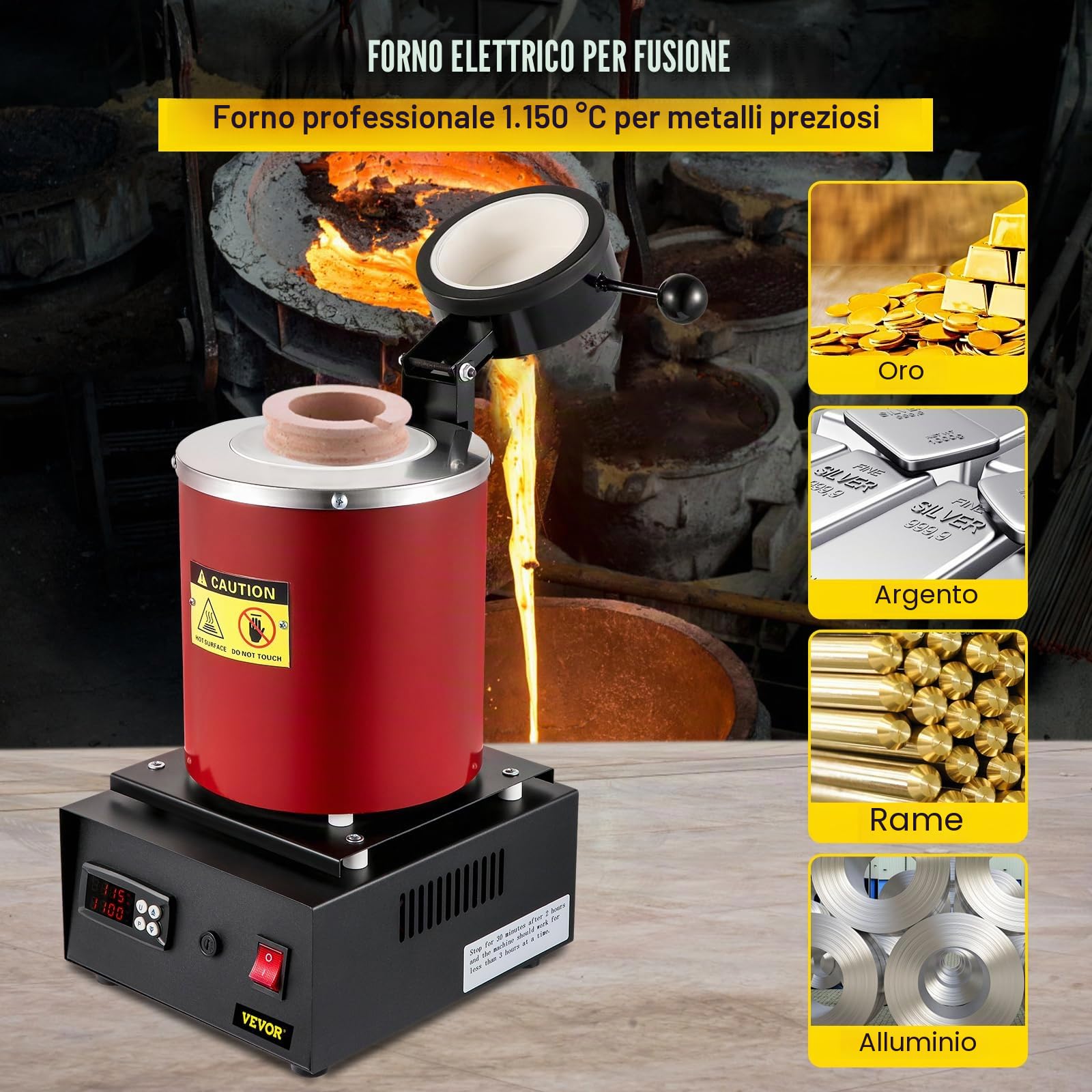 VEVOR Forno di Fusione per Oro 1350 W, Temperatura Max. 1150 ℃, Forno Fusorio Elettrico con Crogiolo in Ceramica da 3 kg, Matrice per Lingotti e Guanti, per Lavorazione di Oro, Argento