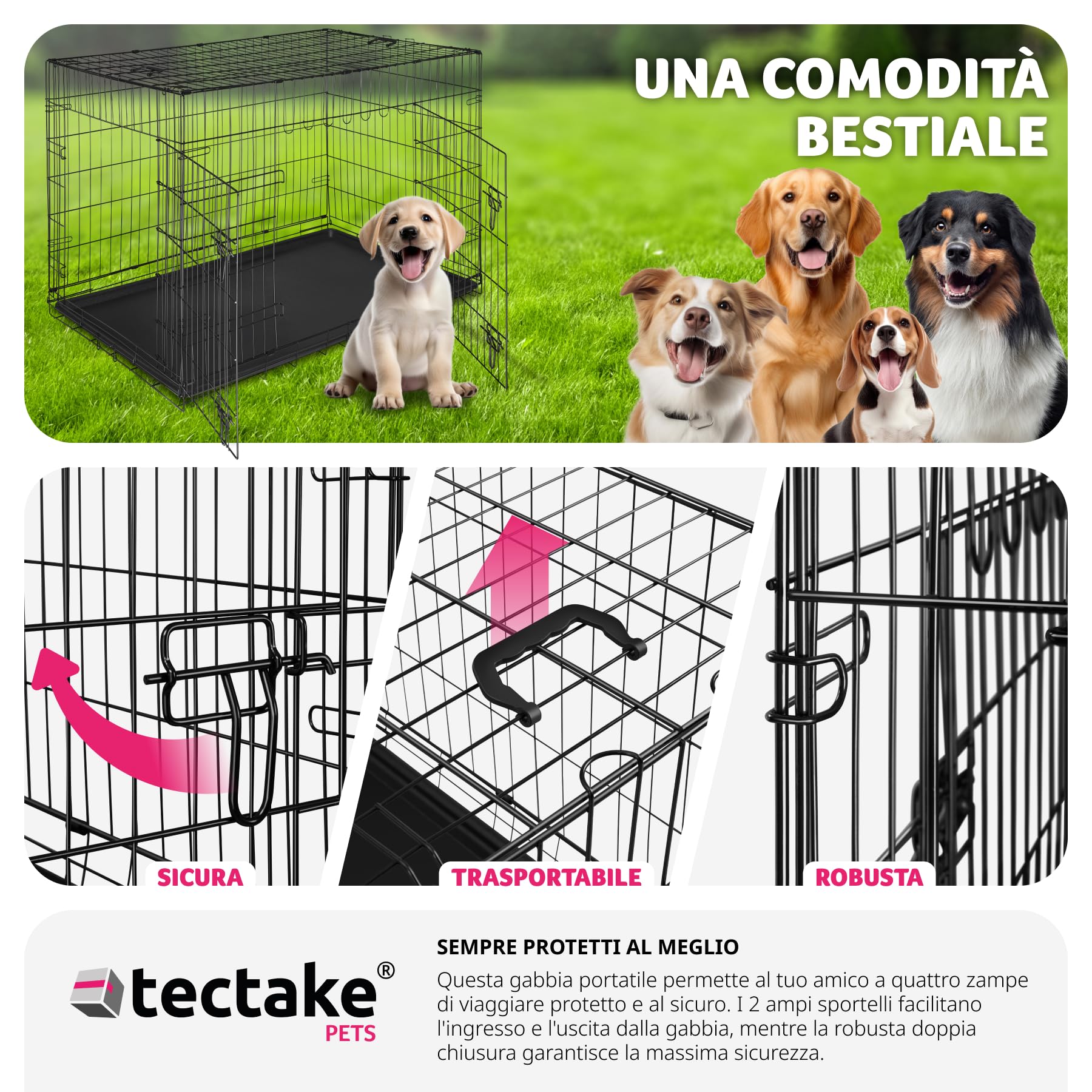 tectake® Trasportino Auto per Cani Spazioso, 78x48x52,5cm, Gabbia per cani con Griglia in Acciaio Robusta, per Gatti, Pieghevole, 2 Porte, Doppia Chiusura, Vasca Rimovibile, 2 Maniglie per Trasporto
