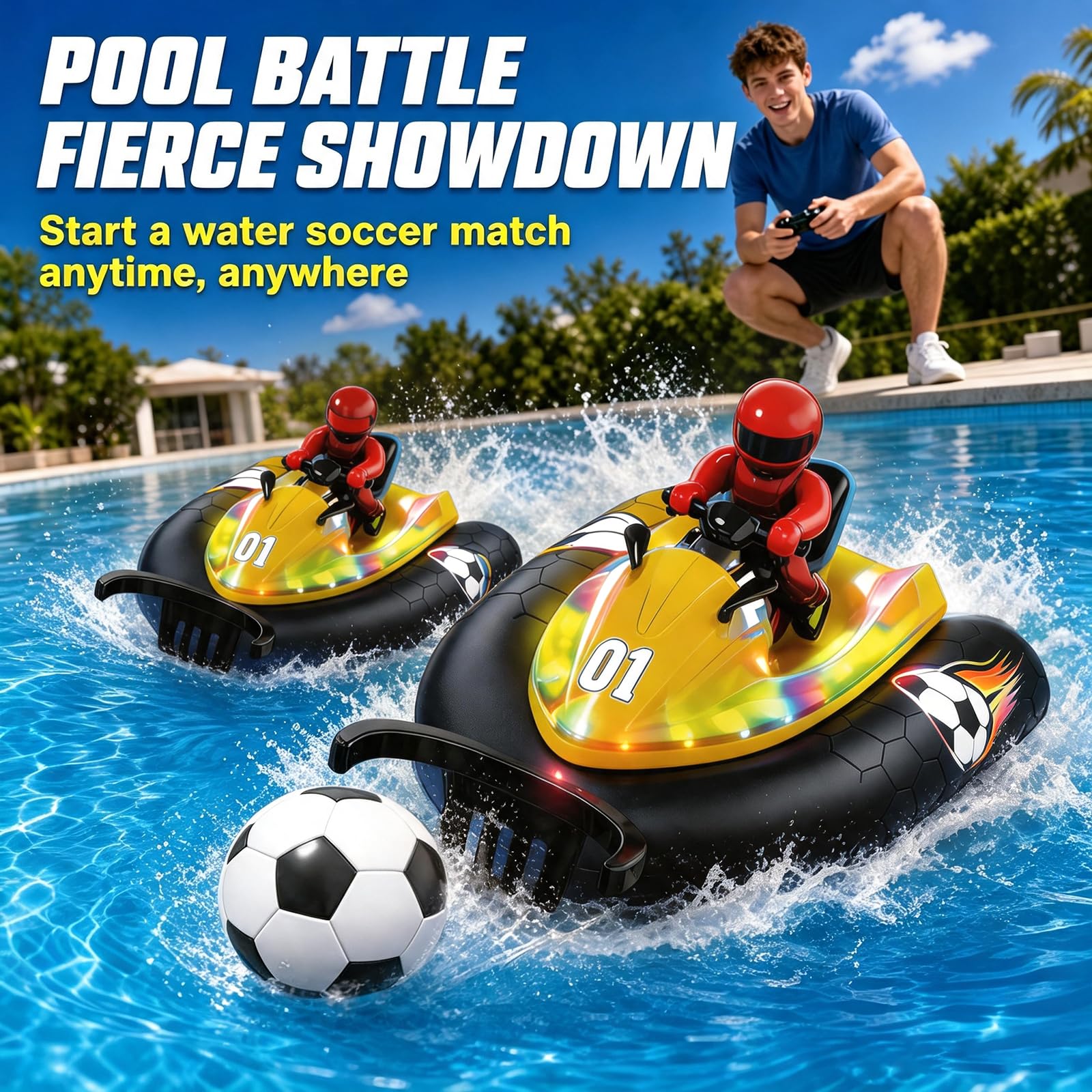 Barca radiocomandata con luce LED, 2,4 GHz, barca a motore telecomandata con pallone da calcio e acqua spruzzata, adatta per piscine e laghi, barca radiocomandata, giocattolo per bambini