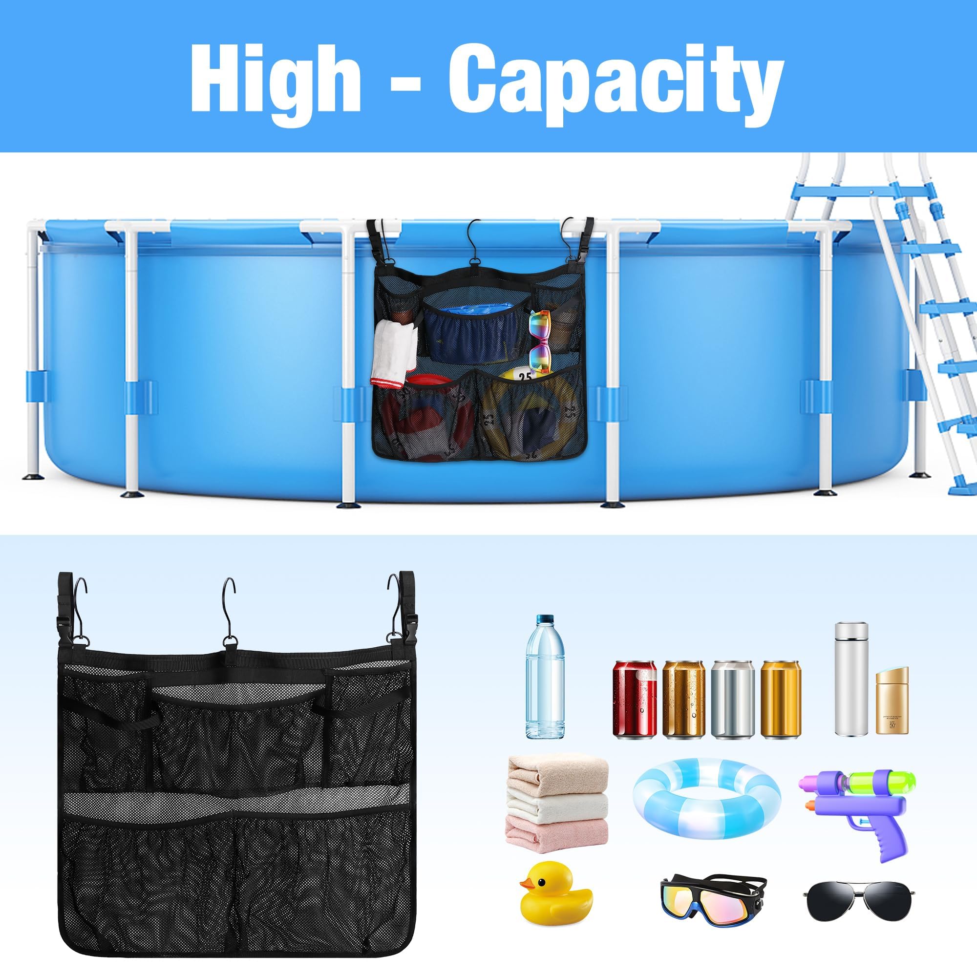 Pool Aufbewahrungstasche, Pool Aufbewahrungskorb, Pool Aufbewahrungsbox, Schwarz Schwimmbad Netztasche mit Haken, Pool Zubehör für Aufstellpool, Badezimmer
