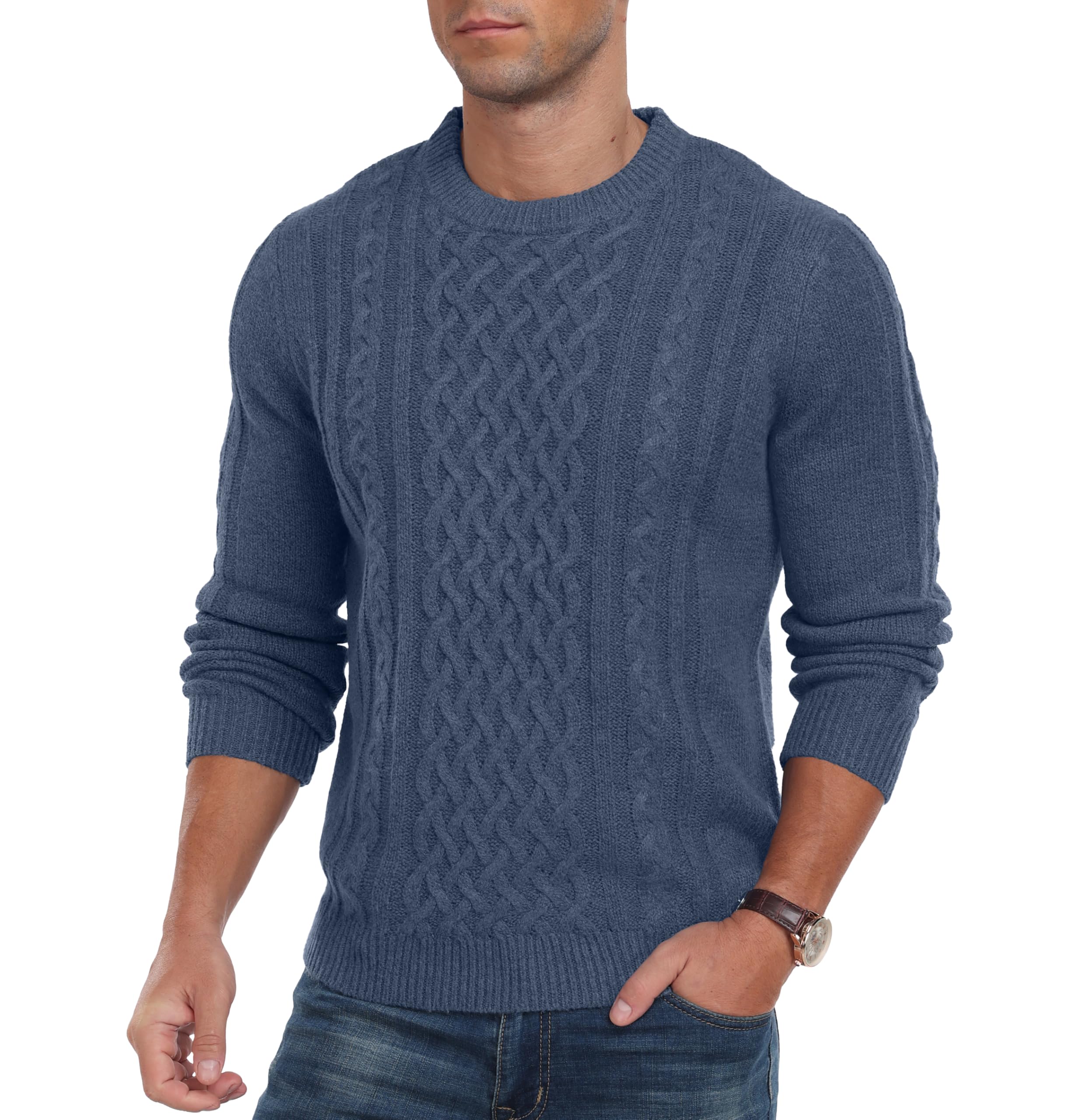 Hisir Pull d'hiver en tricot épais pour homme - Col rond - Chaud - Manches longues - Pull à col rond - Pour homme