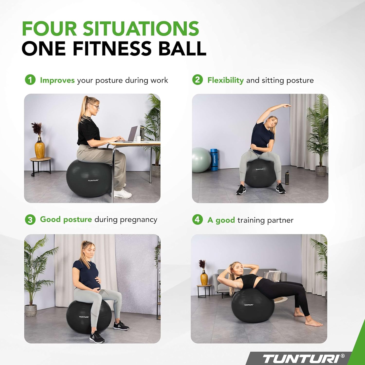 Four different scenarios showing the versatility of the Tunturi fitness ball for posture, flexibility, pregnancy, and training.