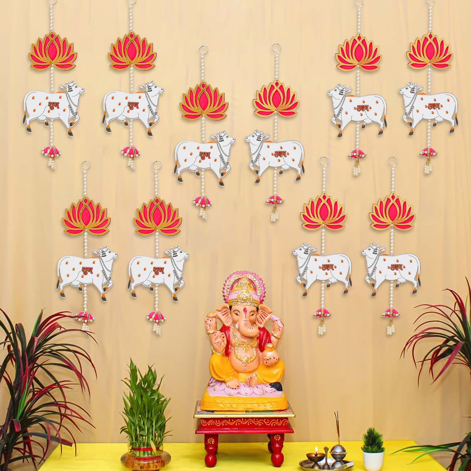 eCraftIndia Lotus, Cow, Pink Tassel Style Shubh Labh Hanging for Diwali Ganesh Chaturthi Navratri Decoration- Floral Wall Hangings for Home Temple Main Door Entrance-Diwali Decoration Items- Pack of 5