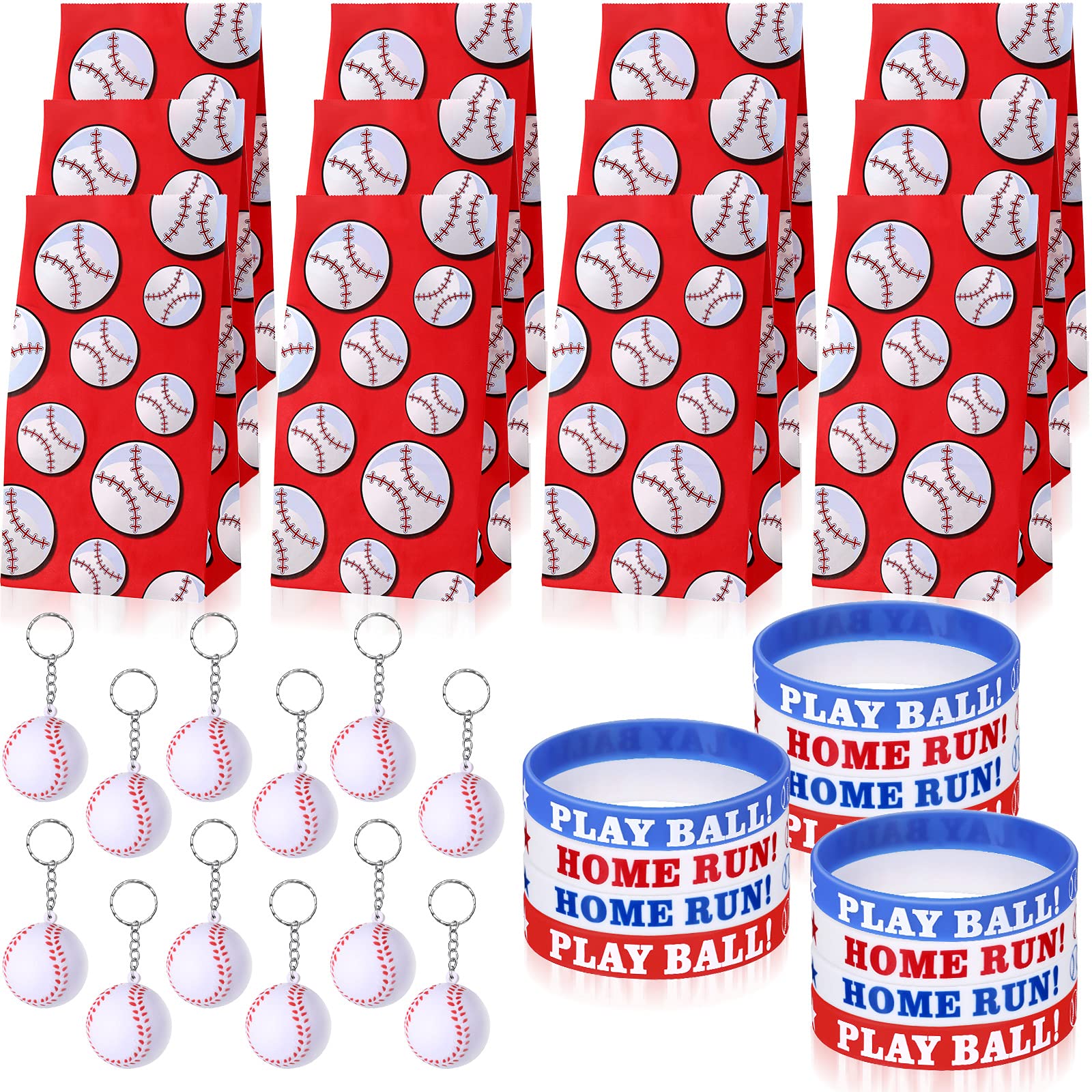 Yaomiao 36 Pieces Baseball Party Favors Set, Include 12 Baseball Treat Bags 12 Mini Baseball Keychains 12 Silicone Baseball Bracelets Baseball Snack