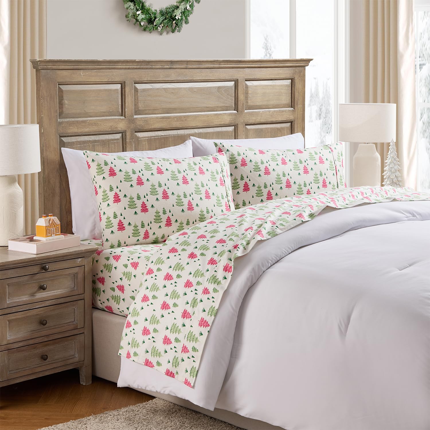 Hallmark - Holiday Sheets, 4-Piece Soft Brushed Cotton Sheet Set with Matching Pillowcase (Multi Color Trees, King)