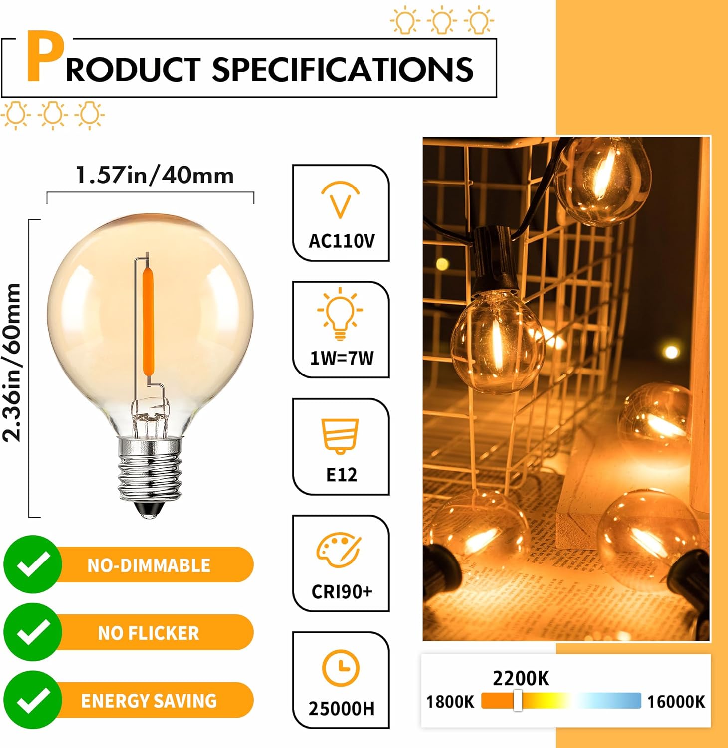 G40 Led Replacement Light Bulbs,Amber Glass E12 Candelabra Light Bulbs, 1W Equivalent 7W 1.5 Inch Small Light Bulbs for Outdoor String Lights, Party Patio Garden Decor,Warm White 2200K, 25Pack