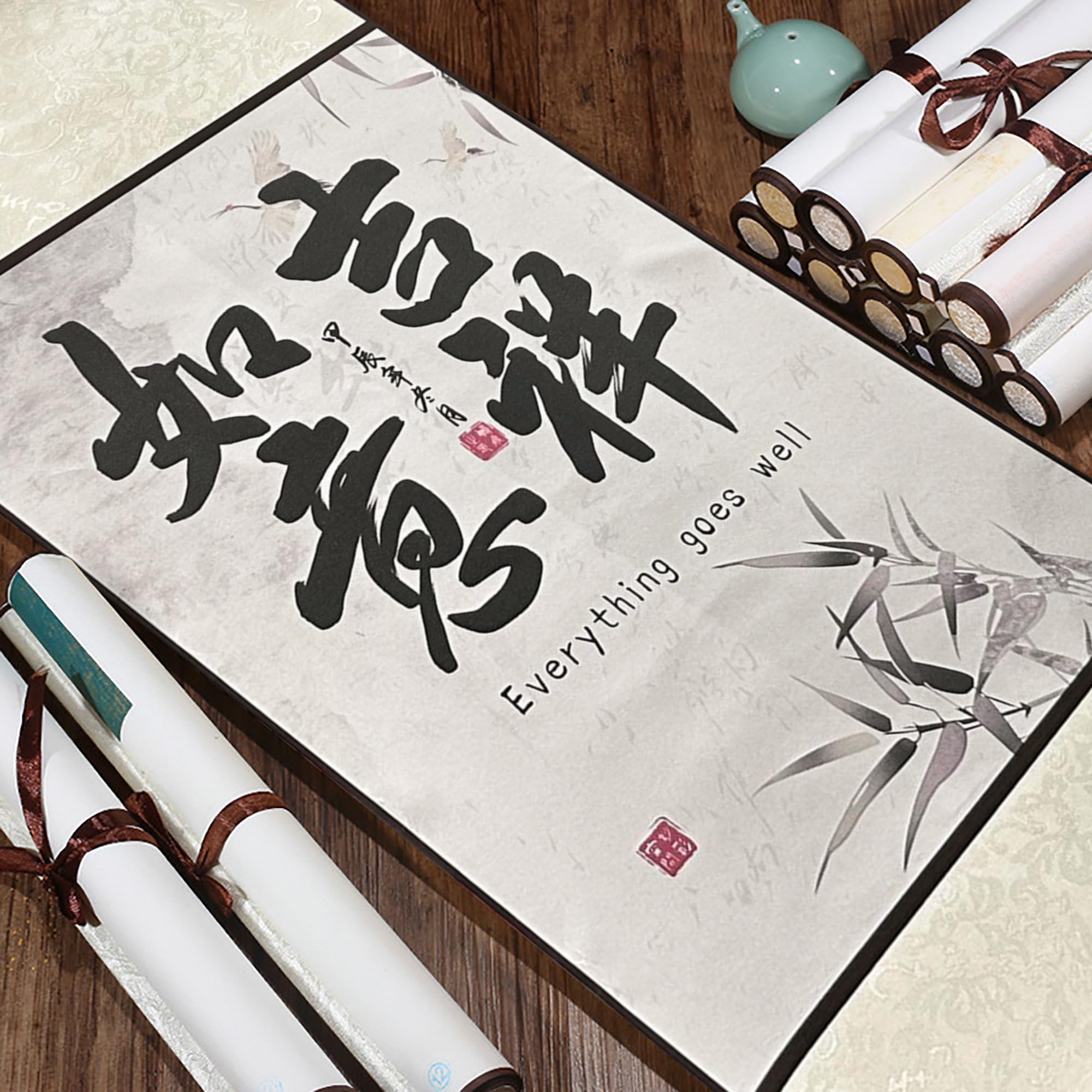 BACH AND BOUJEE Chinesische Kultur Malerei Scrolls Silk Hanging Paintings Alles läuft gut Asiatische Dekoration für Zuhause Hängende Gemälde für Wohnzimmer Chinesischer Segen Hängende Malerei