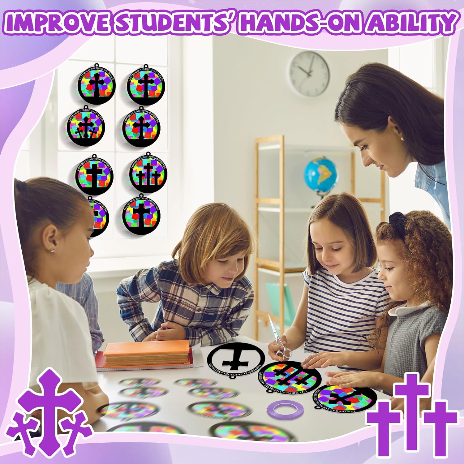 QOUBAI 32 Sets Easter Cross Suncatchers Craft Kit DIY Religious Window Stained Glass Effect Christian VBS Paper Hanging Ornament Kid Sunday School Birthday Gift Creative Art Project Activity Game
