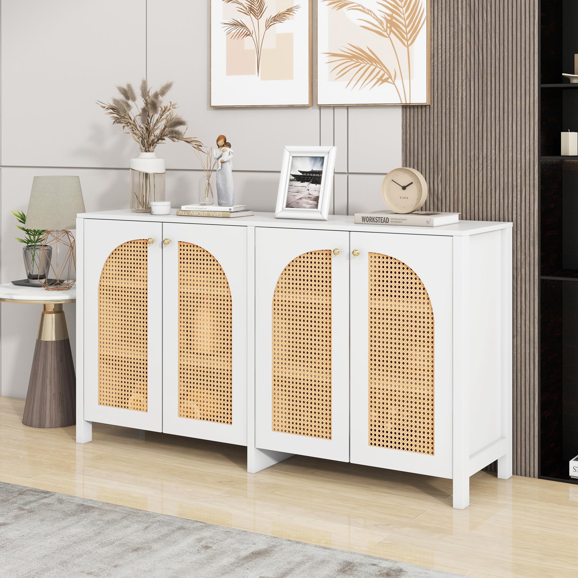 Aparador moderno de estilo minimalista de 4 puertas de mimbre, para comedor, salón, cocina, 145 x 80 x 40 cm (blanco)