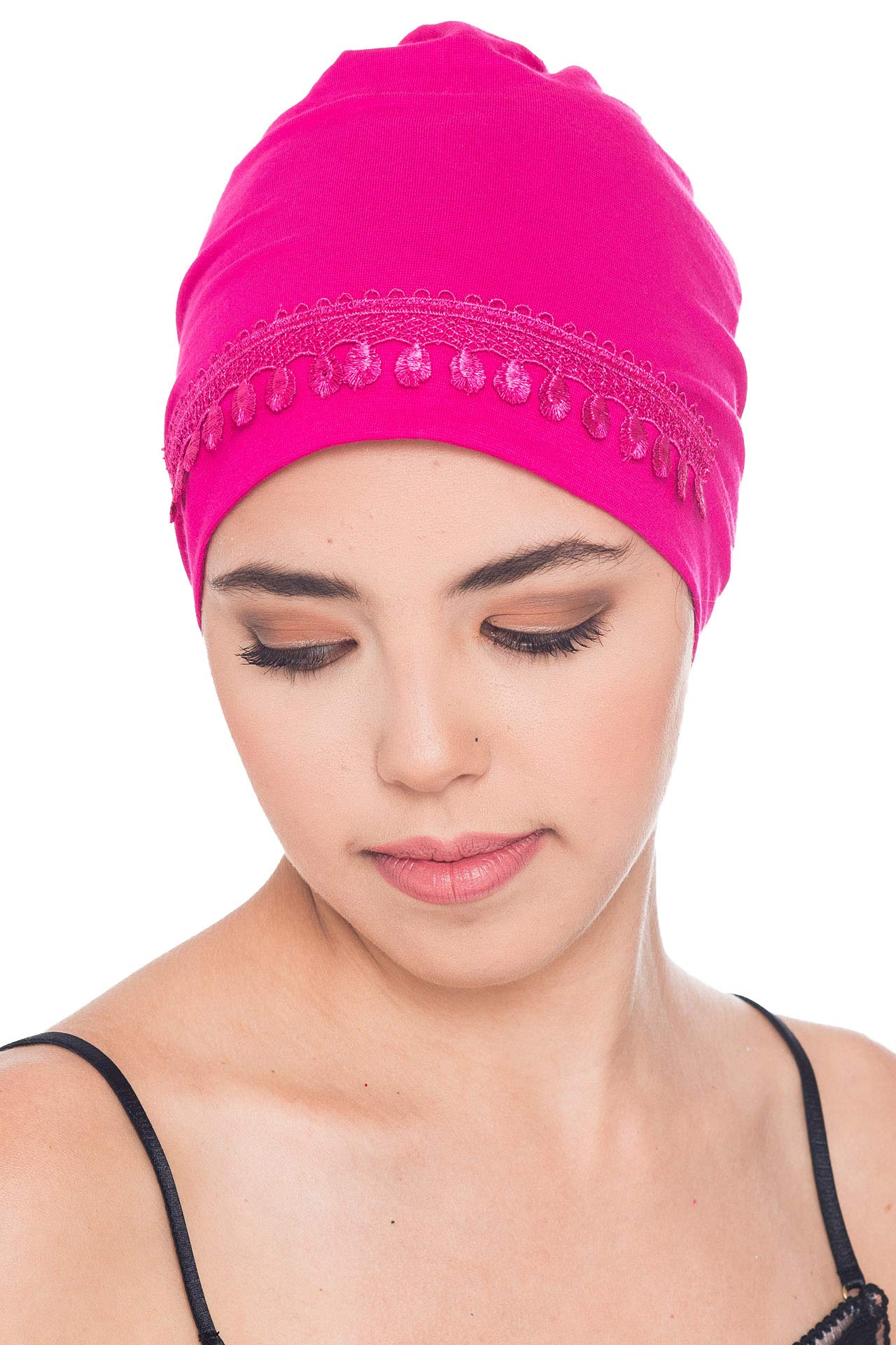 Deresina Headwear Women's Fuchia Deresina's Lace Detail Bamboo Sleep Cap For Chemo ( - One Size)