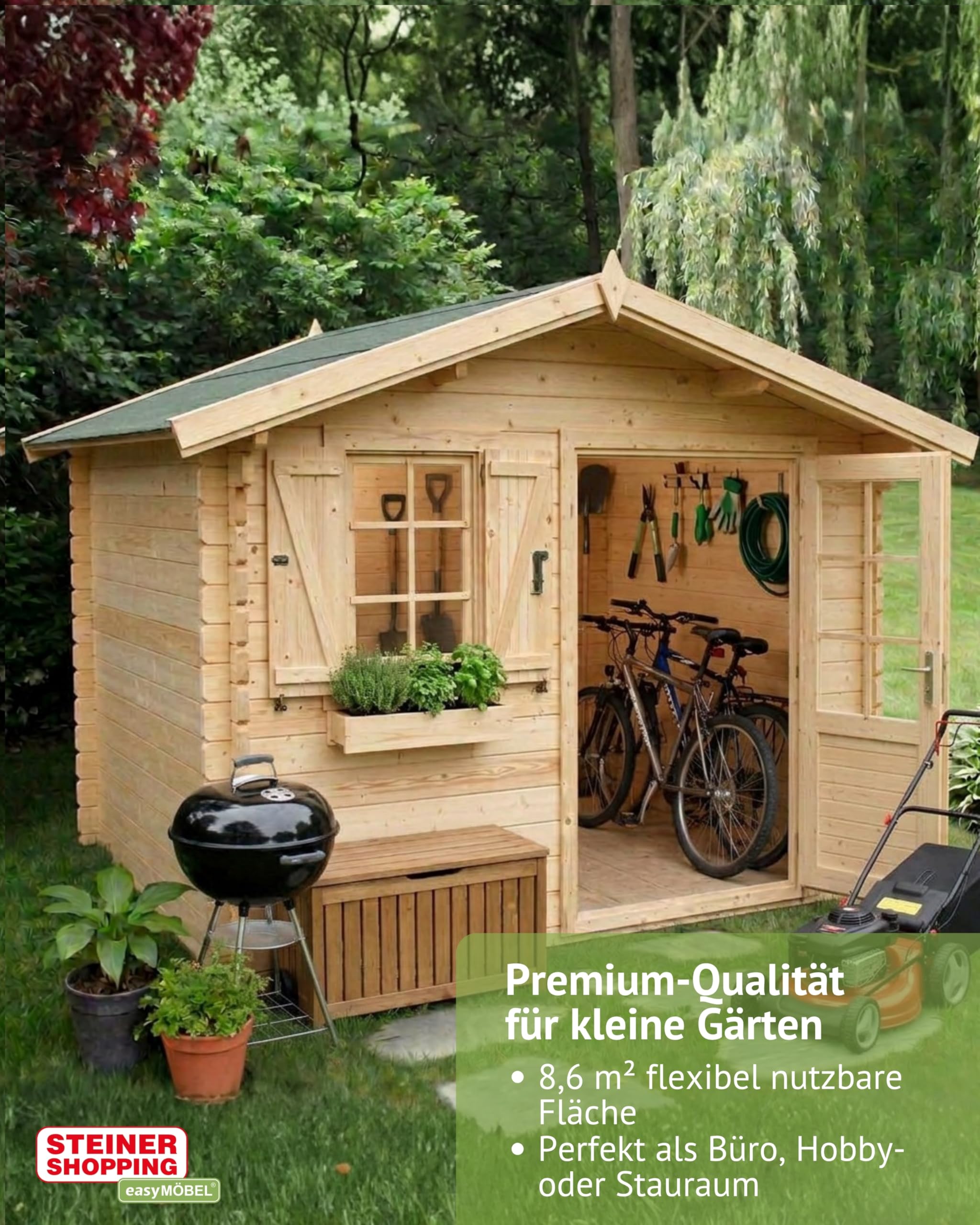 Steiner Shopping Gartenhaus PR7-34 mm Blockbohlenhaus, Grundfläche: 8,63 m², Satteldach