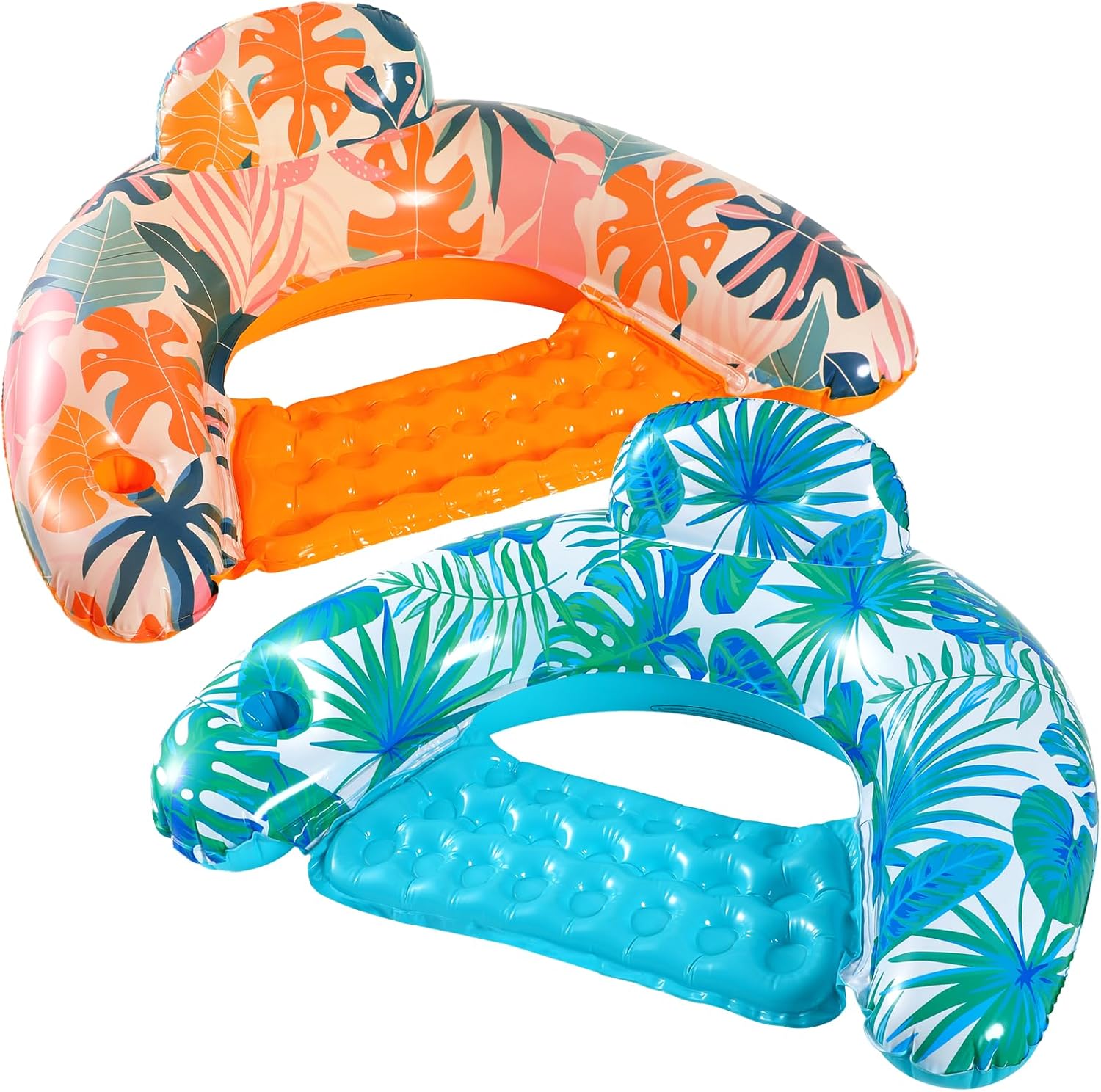 Inflatable Pool Floats Adult - 2 Pack Floating Pool Chair Lounge Floats for Swimming Pool Water Chair Pool Lounger with Cup Holder Pool Toy Party Floaties for Adults Orange