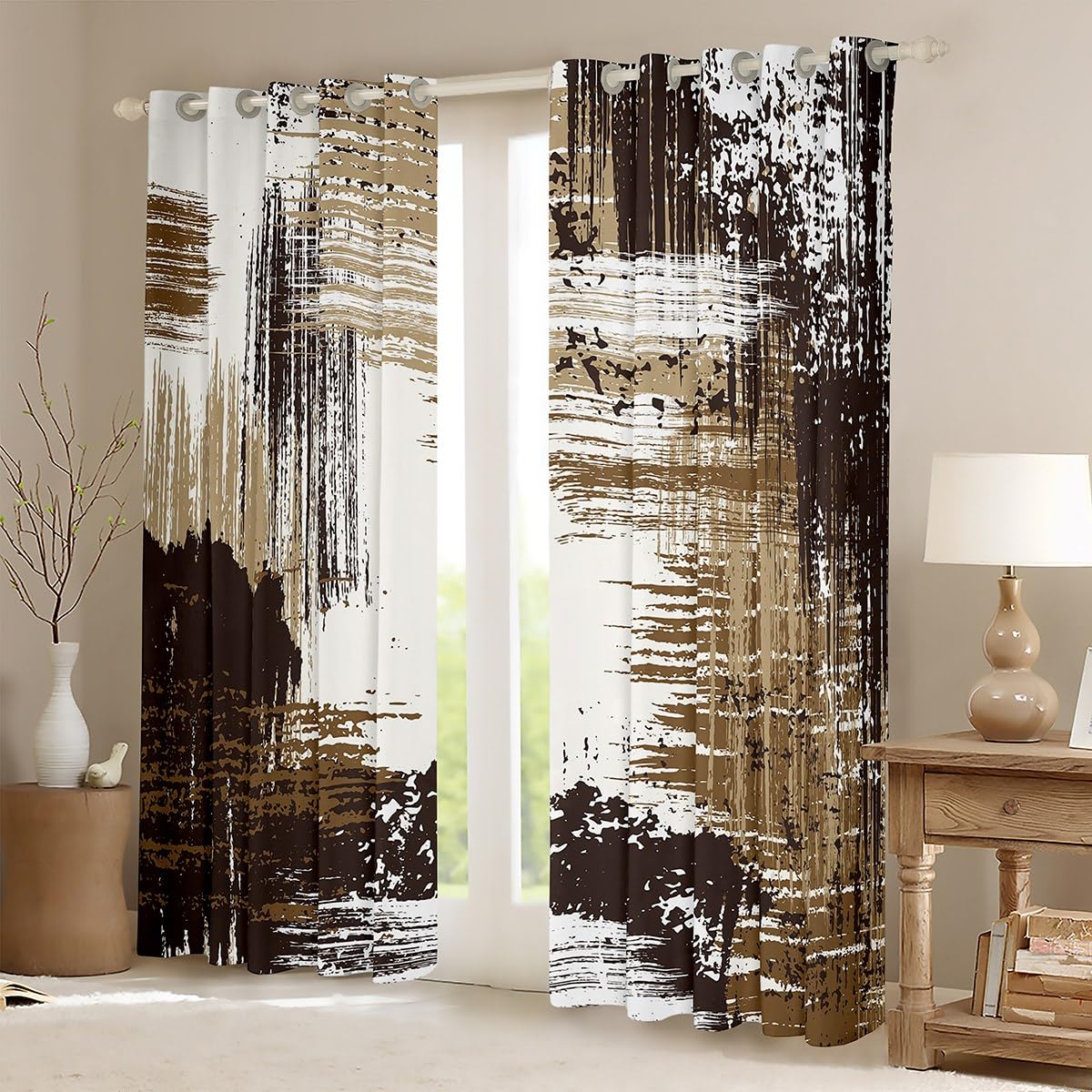 Manfei Abstract Window Curtains Modern Abstract Art Window Drapes for Kids Boy Children, Grunge Style Brown Black Grey Window Treatments Grommet Top 2 Panel Set Bedroom Curtains, 52Wx96L inch