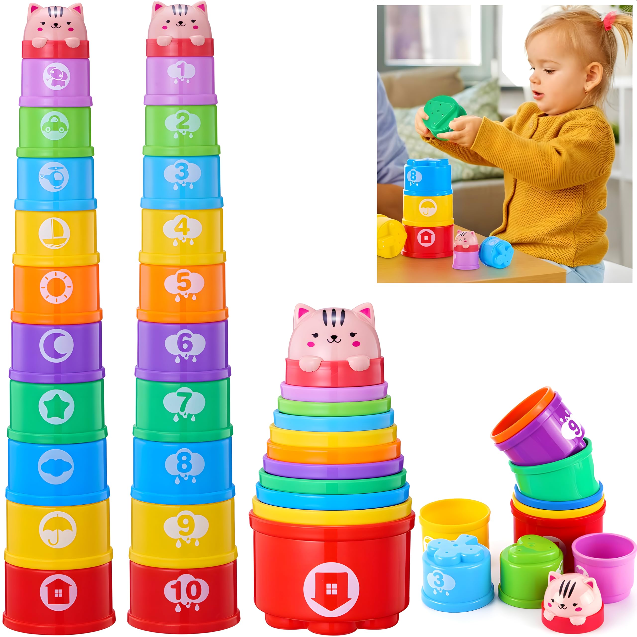 Wanonoo Stacking Cups Baby Toy Set, Nesting Stacking Toys for Toddlers 1-3 Montessori Toys for 1 Year Old Babies 6-12-18 Month Stackable Number Blocks Infant Sensory Bath Easter Basket Stuffers Gifts