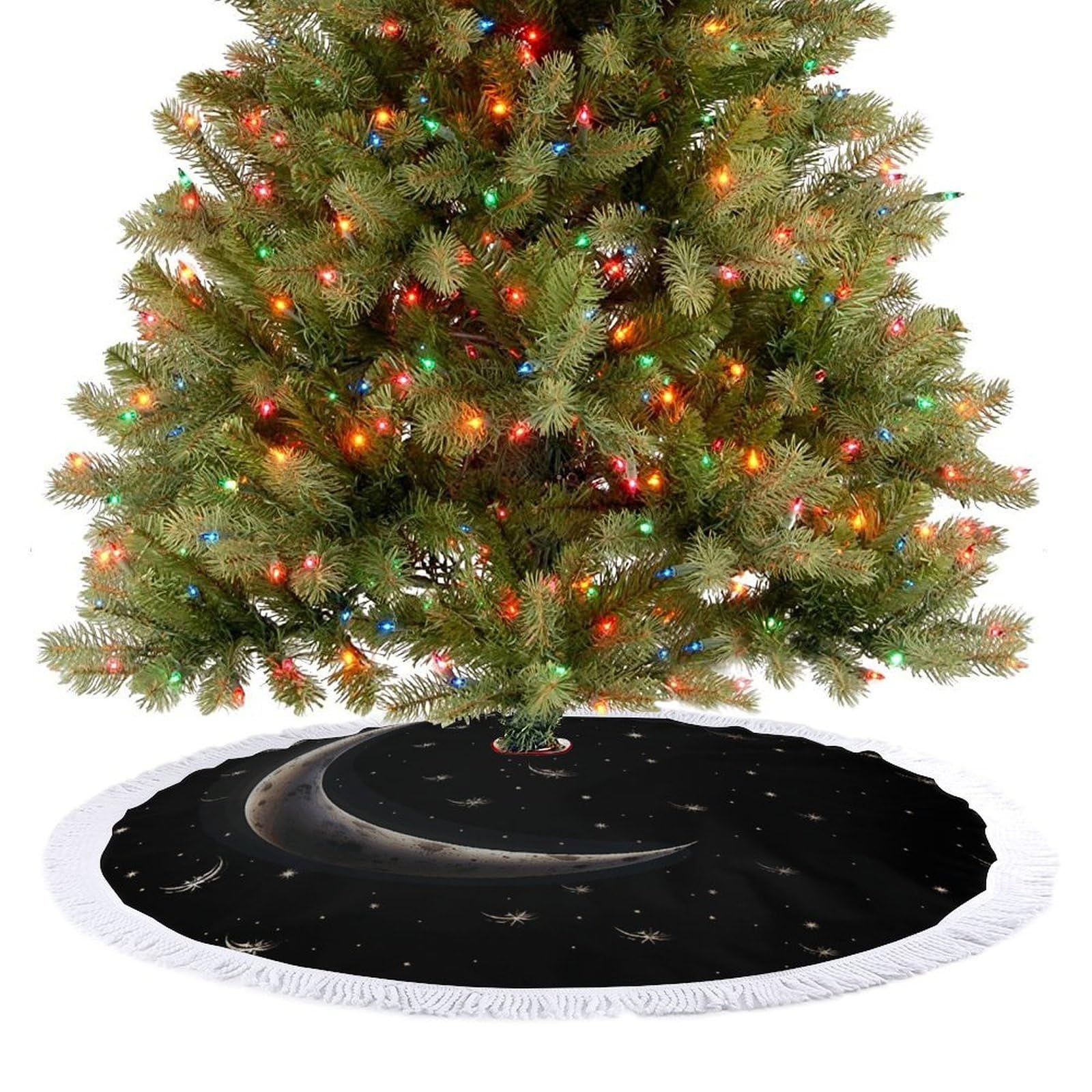Crescent Moon on Black Background Christmas Tree Skirt 30"x30" Rustic Xmas Tree Mat with Tassel Ornament Christmas Trees Cover Skirt Mat for Evergreen Trees Ornament Winter Holiday Mats Decorations