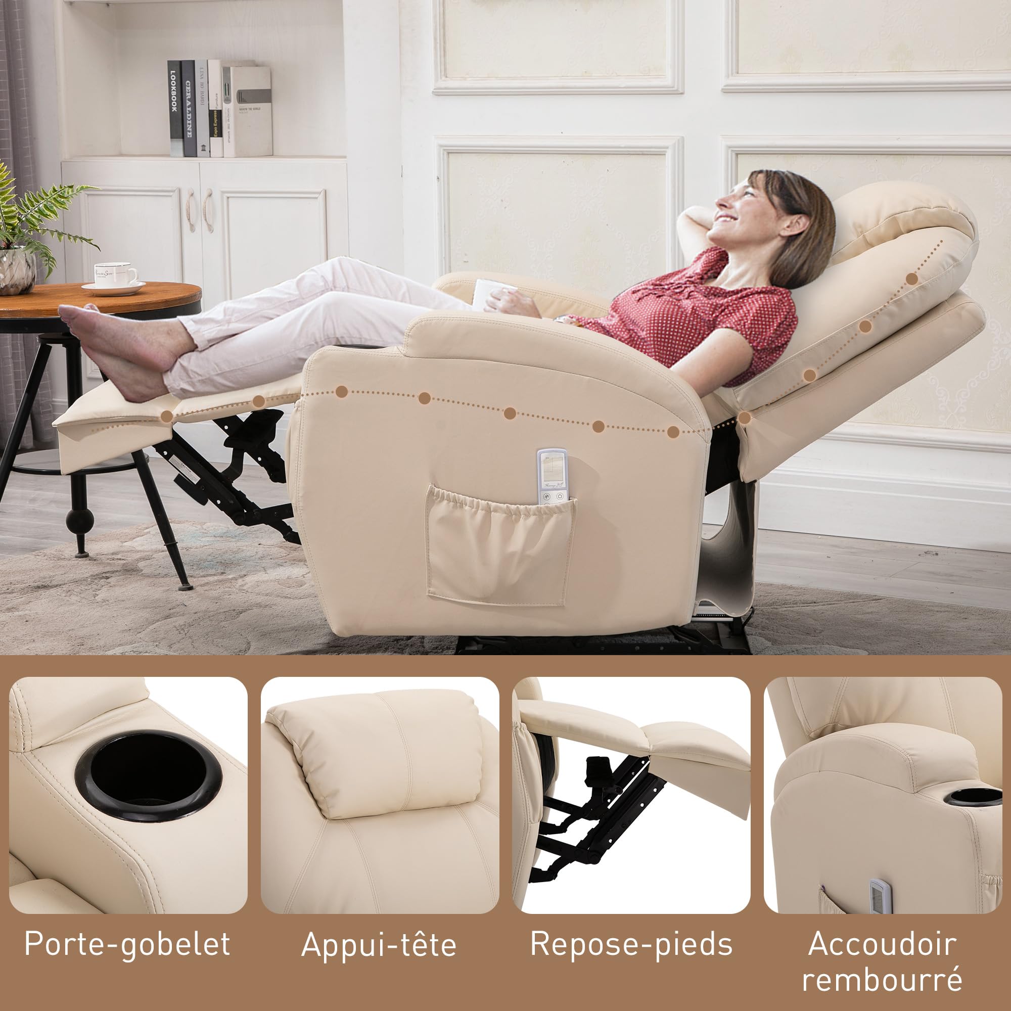 HOMCOM Fauteuil de Massage Inclinable, Chaise de Relaxation avec Dossier et Repose-Pied électrique réglables revêtement synthétique pour Salon, Chambre, Cinéma Maison Crème