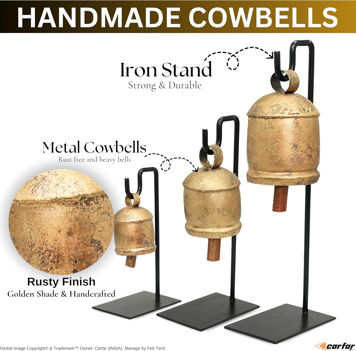 Shabby Chic Set of 3 Harmony Bells on Metal Stand Handmade Metal Christmas Decoration Cow Bells 13",10",7" Country Rustic