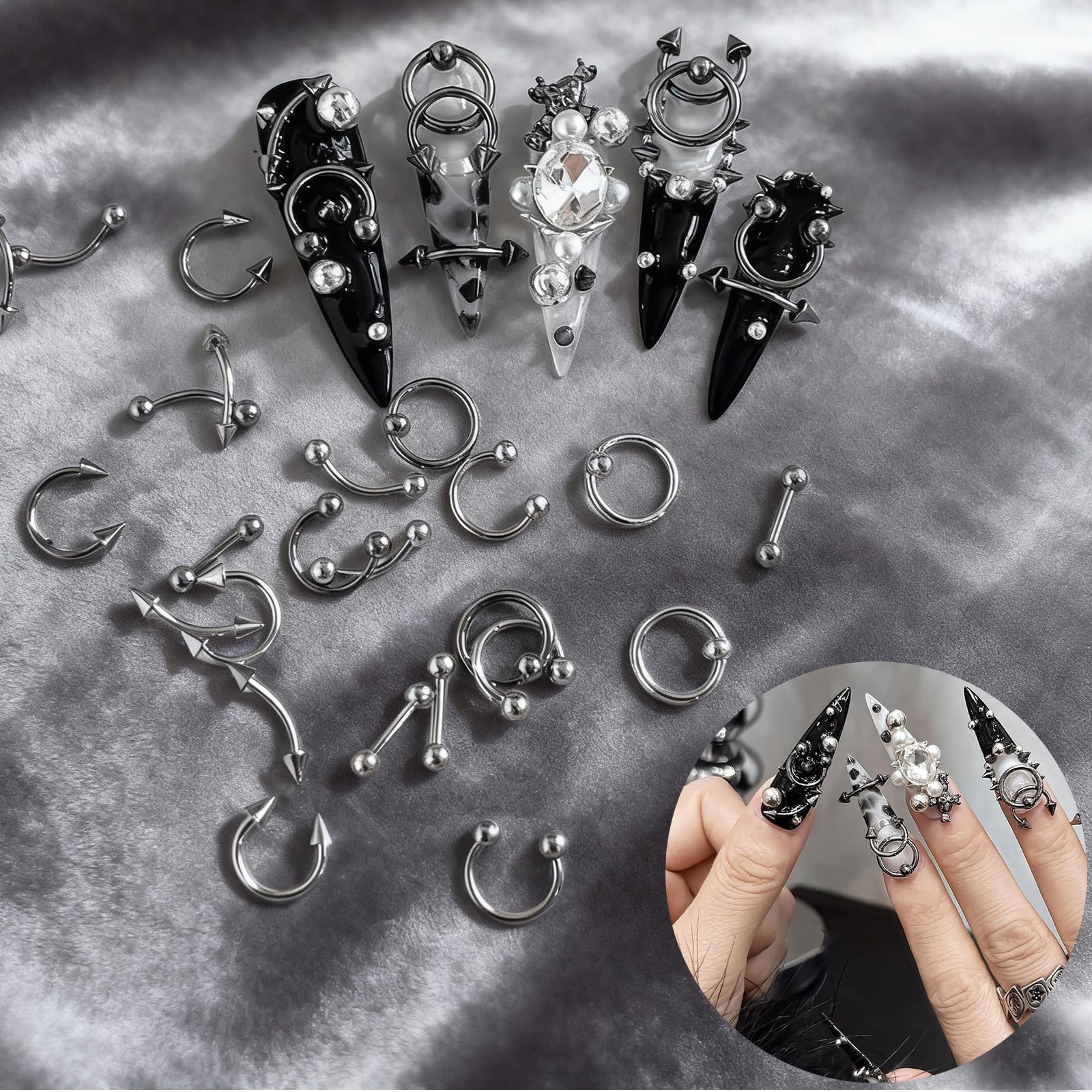 60 sztuk kolczyków do paznokci, 3D, stop srebra, gotycki, punk, dekoracja, srebrne, szare, stożkowe, kolce, metalowe pierścienie, stop, nity, biżuteria dla kobiet, gotyckie