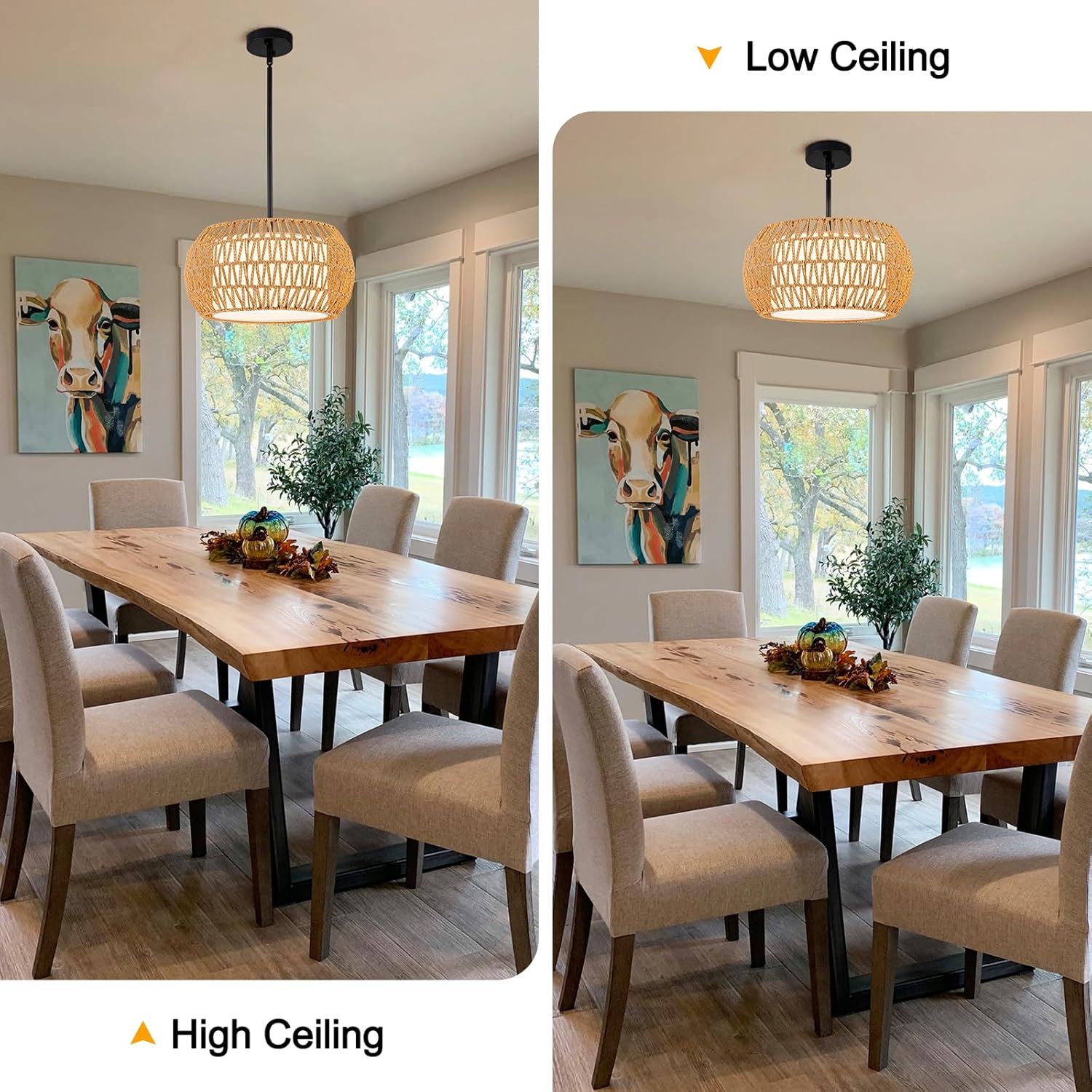 3-Light Farmhouse Rattan Chandelier,15.7'' Boho Hand Woven Drum Pendant Light Fixtures with Fabric Shade,Coastal Rattan Hanging Ceiling Lights for Kitchen Island,Dining Room,Living Room,Entryway,Foyer