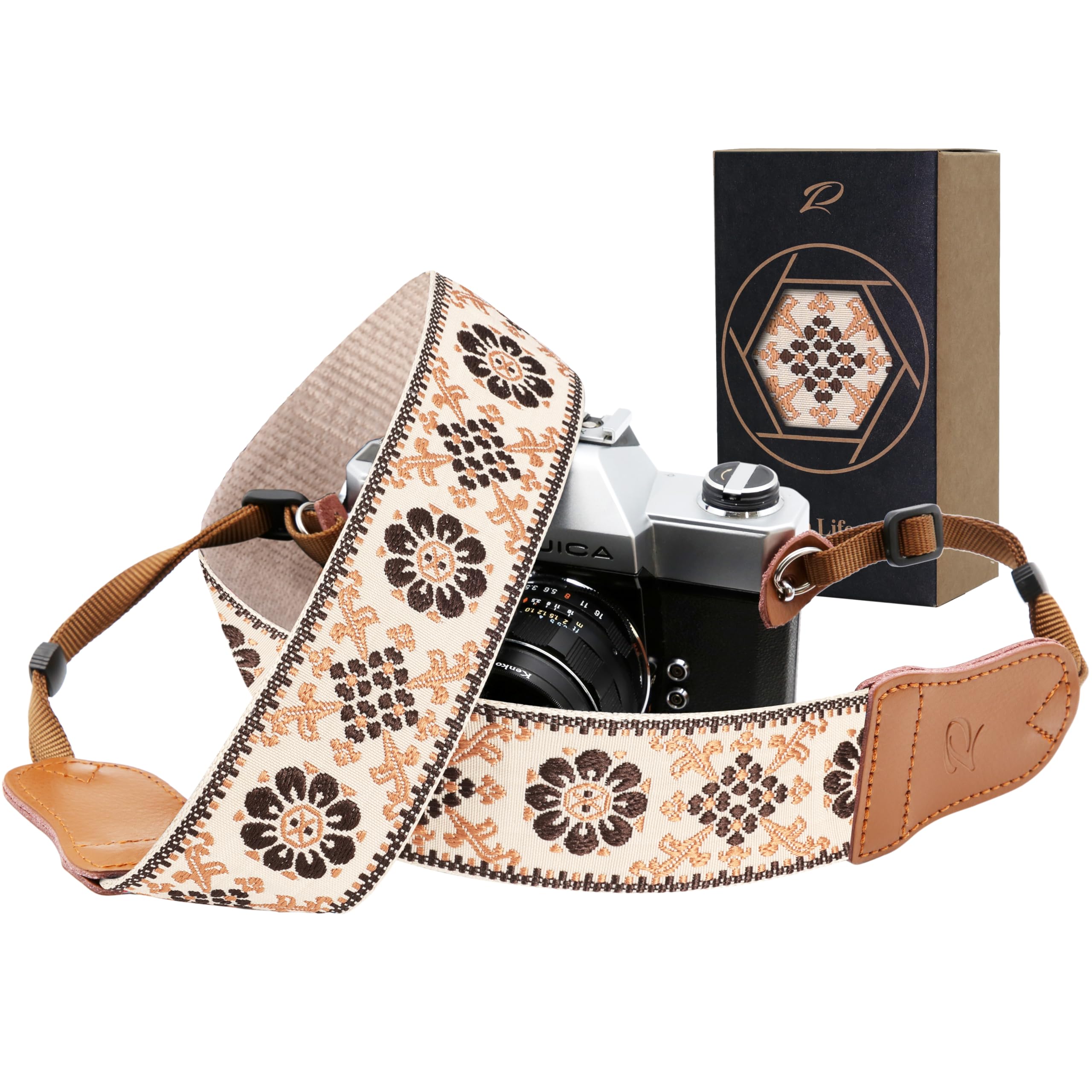 Padwa Lifestyle Camera Strap - 2" Cowhide Head Camera Straps for Photographers,Adjustable Vintage Jacquard Embroidery Woven Cotton Shoulder Neck Strap for Cameras,Binoculars（Elegant Brown Floral）