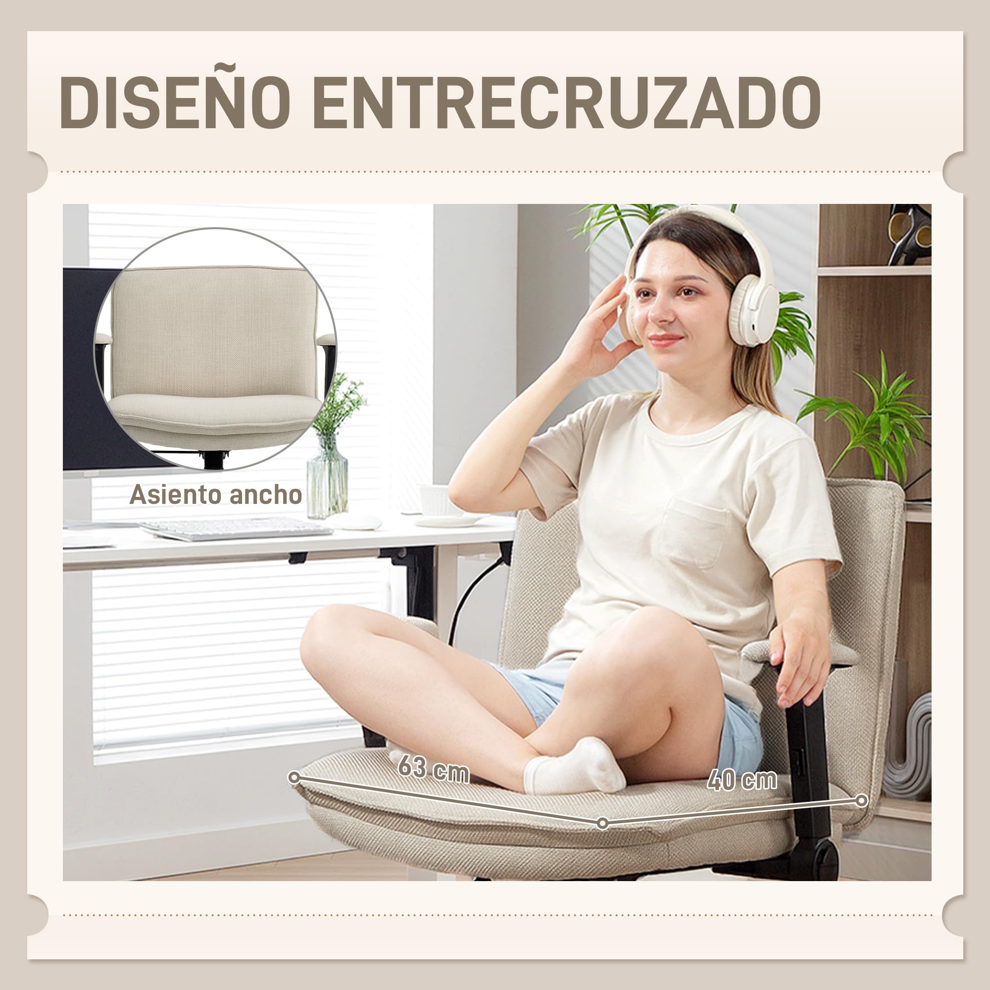 HOMCOM Silla de Oficina Piernas Cruzadas sin Ruedas Crema | Silla Escritorio, Asiento Ancho 63 cm, Reposabrazos Abatible, Altura Ajustable, Giratoria, Función Basculante, Tapizada Lino