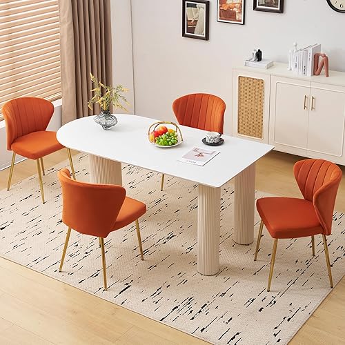 Miniatura 4 de Juego de 2 sillas de comedor de terciopelo, modernas sillas tapizadas con patas de metal dorado para comedor, cocina, tocador y patio (naranja)