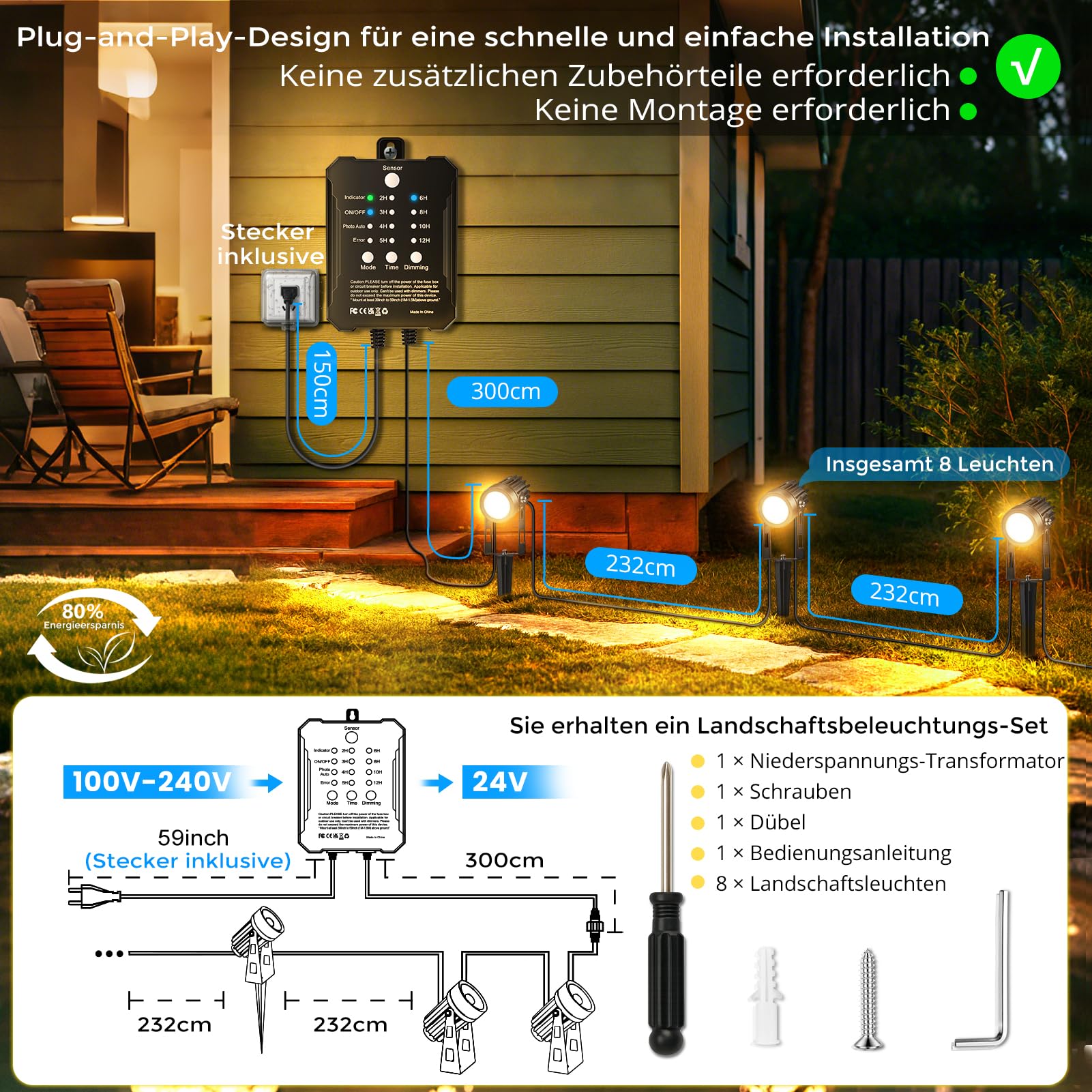LightingWill Gartenstrahler LED Außen Wasserdicht mit Erdspieß, Gartenbeleuchtung mit Dämmerungssensor & Timer, 8er Set, 3000K Warmweiß, IP65 Gartenspots für Garten, Weg, Terrasse, Einfahrt