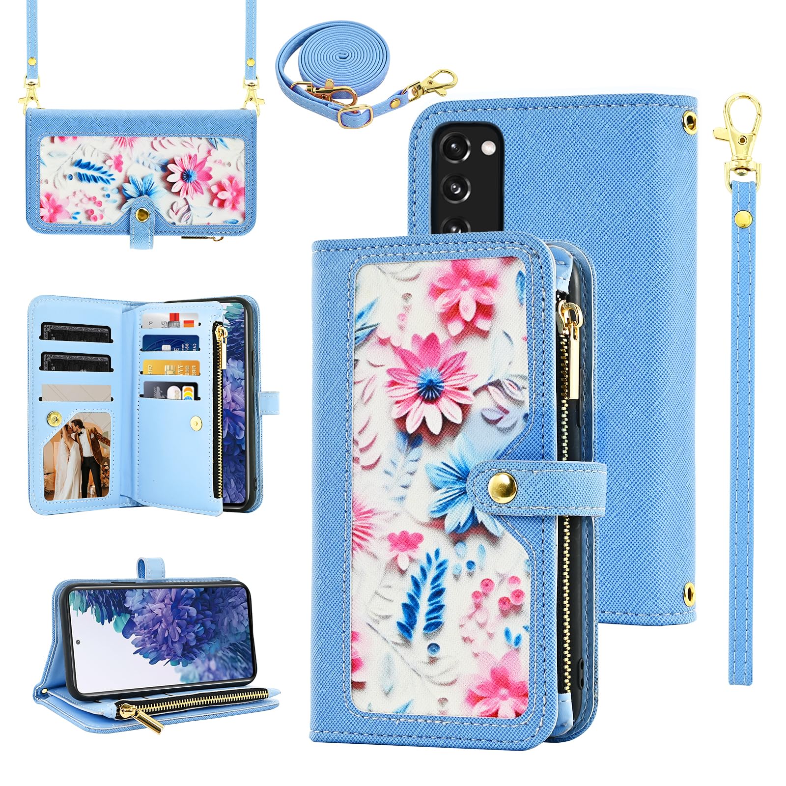 Furiet Floral Wallet Case for Samsung Galaxy S20 FE 5G 6.5 inch with Wrist Strap Shoulder Strap Flip Zipper Purse Stand Phone Cover for S 20 EF UW
