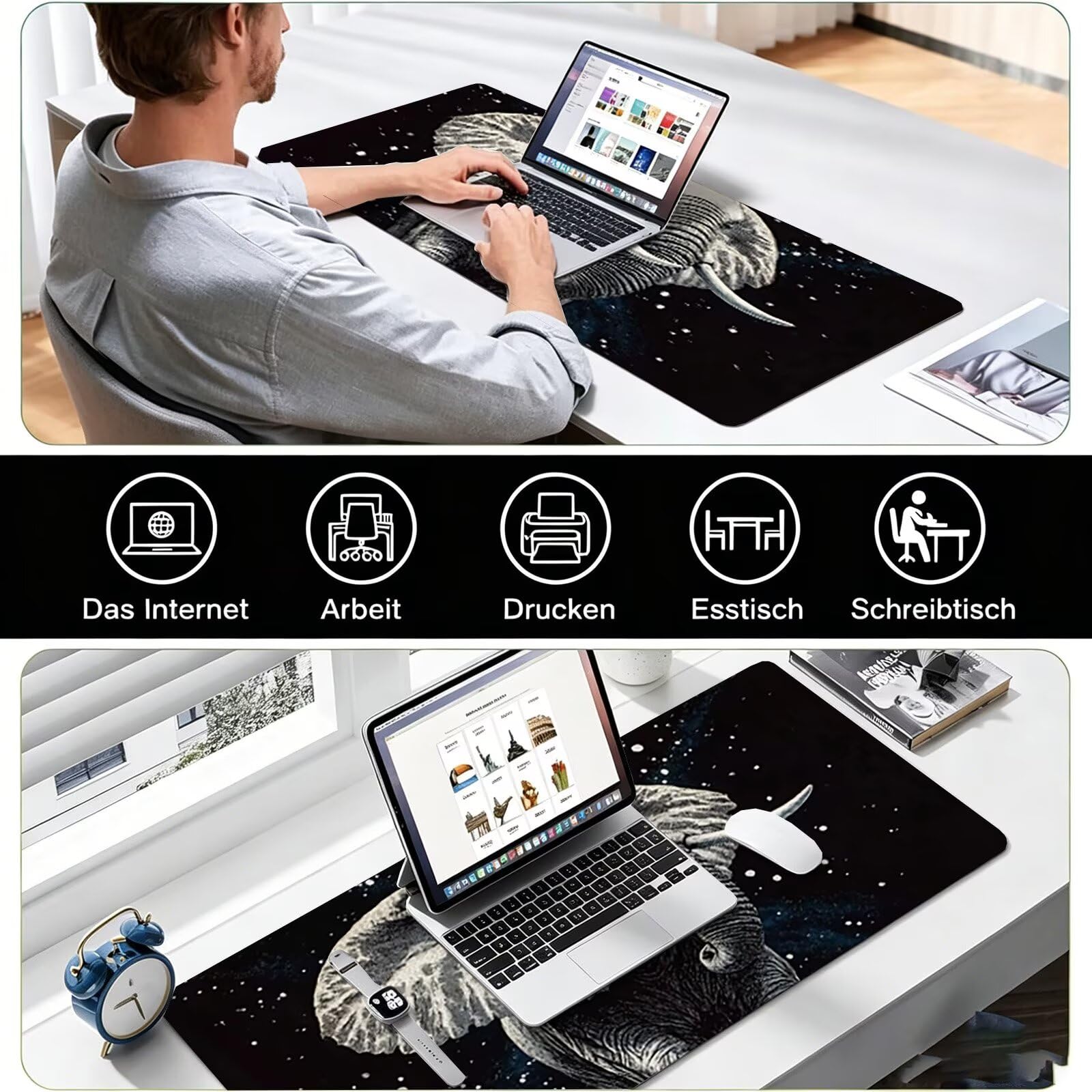 Tappetino Mouse Gaming, 1200x600mm Tappetino Mouse XXL nero 0c0-304 | Mouse Pad Grande, Ottimizzato per i Sensori da Gioco, Migliora Precisione e Velocità, per Mac e PC, elefante