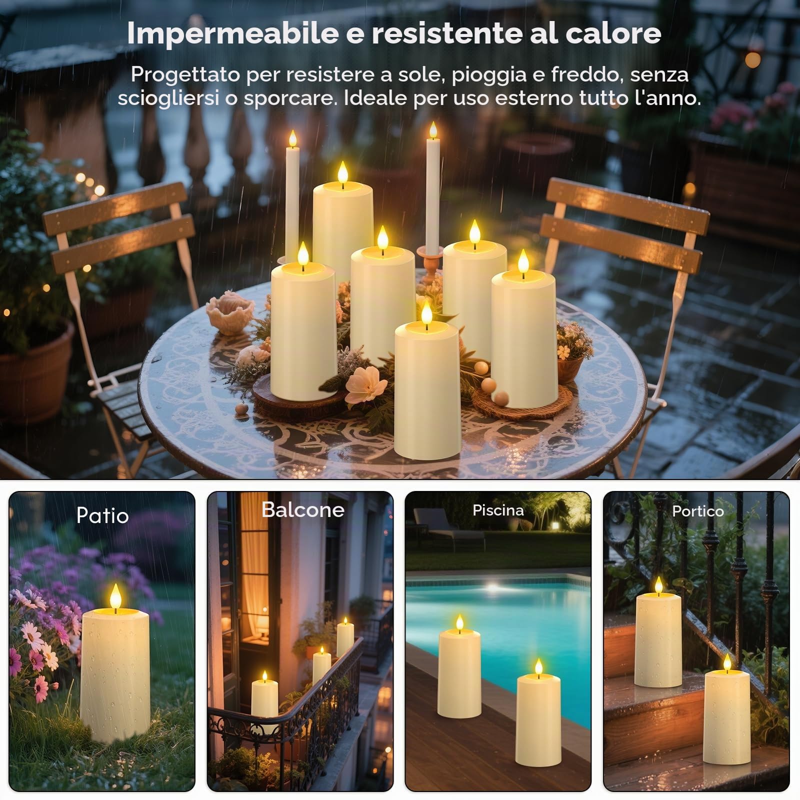 PChero Set di 4 candele a LED ricaricabili con stazione di ricarica, ricaricabili per esterni, impermeabili, con telecomando e funzione timer, per esterni, giardino, Halloween, Natale