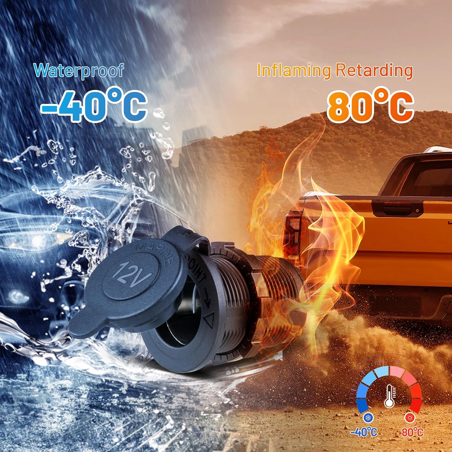 Anina 12V Car Cigarette Lighter Socket with Cover Waterproof Cap Power Outlet Socket Replacement Plug with Wire Fuse 12-24Volt Lighter Power for Vehicle Marine USV Motorcycle ATV RV