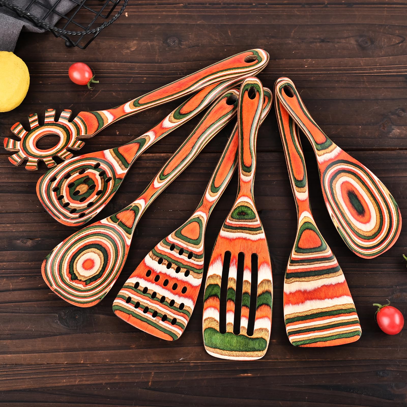 Gudamaye Pakkawood Holz-Kochutensilien, Holzlöffel zum Kochen, Holzlöffel-Set, Küchenhelfer-Set, Pakkawood-Küchenutensilien zum Servieren, Brautparty-Geschenke, 7-teilig